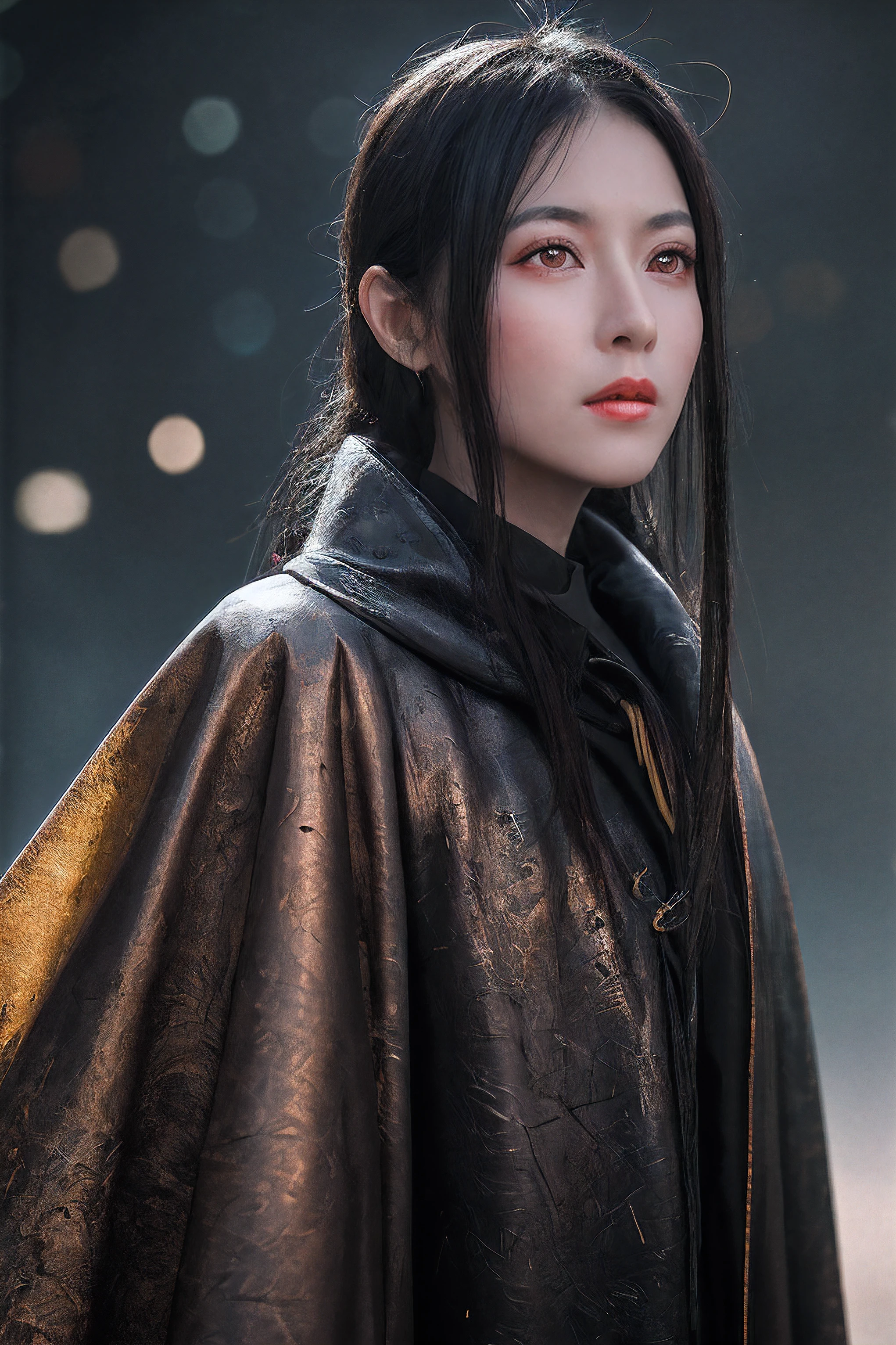 Raw, cinematic shot, (sharp focus:1.5), China,Dark Big Oriental eyes,Black long hair gathered in a Chinese ponytail,Dressed in a black leather cloak, with metal shoulder pads,scatters star rays,fantasy ,Blend of black gold,colorful Pattern, Dragon Pattern Road, prince, palace,Lightning effect,arms behind back,