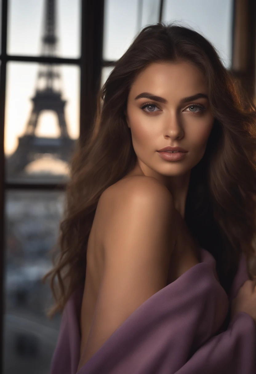 Woman completely attractive visible topless, Devant la Tour Eiffel, avec un manteau de fourrure, fille sexy aux yeux bruns, ultra realist, Meticulously detailed, Portrait Sophie Mudd, cheveux bruns et grands yeux, selfie of a young woman, Yeux de chambre, Violet Myers, sans maquillage, maquillage naturel, looking straight at camera, Visage avec Artgram, Maquillage subtil, Great photo of the whole body kneeling on the bed, dans la chambre, Medium to large bust