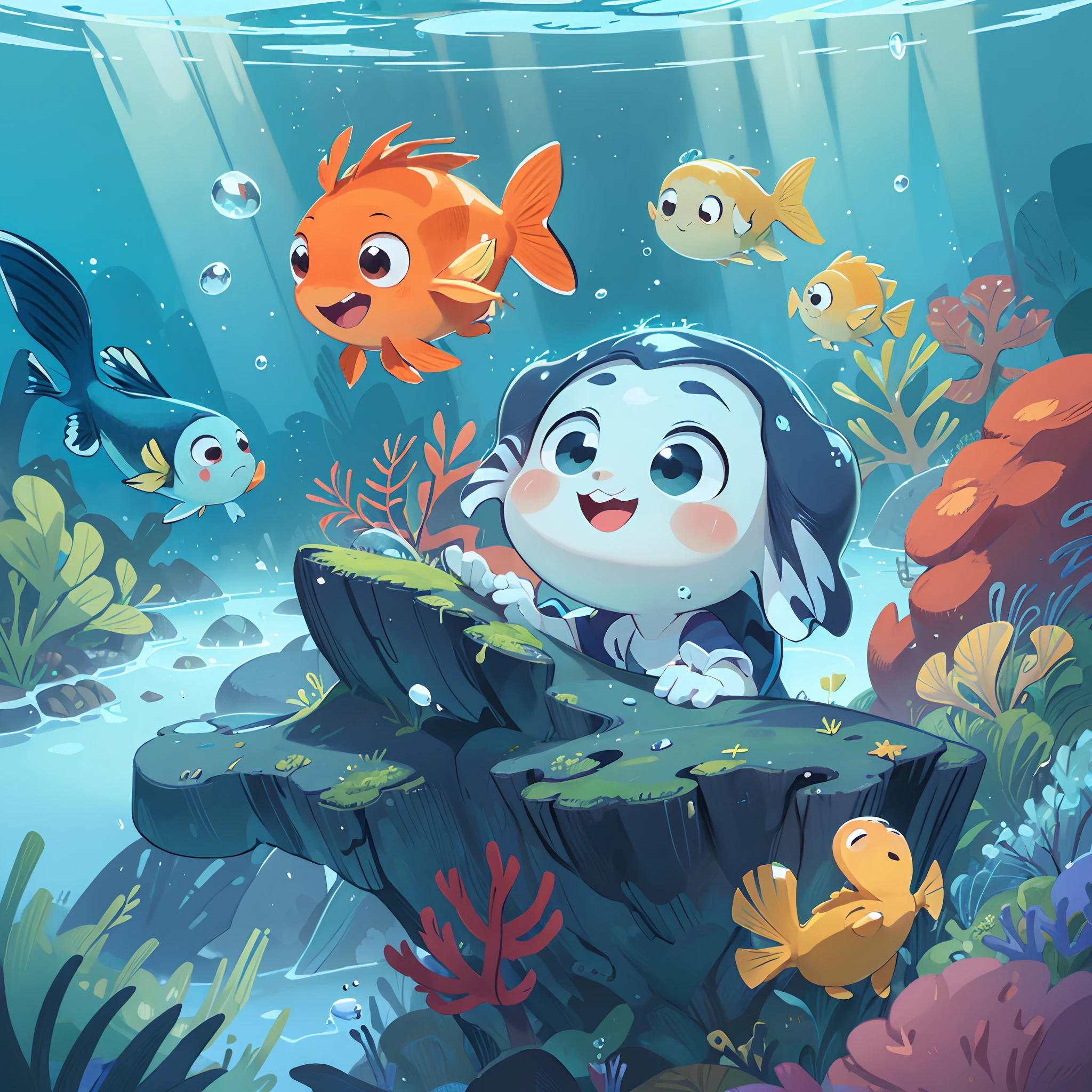 (melhor qualidade,4k,Altas),(Dory)Oval clown fish,criatura dos desenhos animados bonito,aquatic,Close-up,Adorable little creature,colorido,underwater environment,frisky,cores vibrantes,