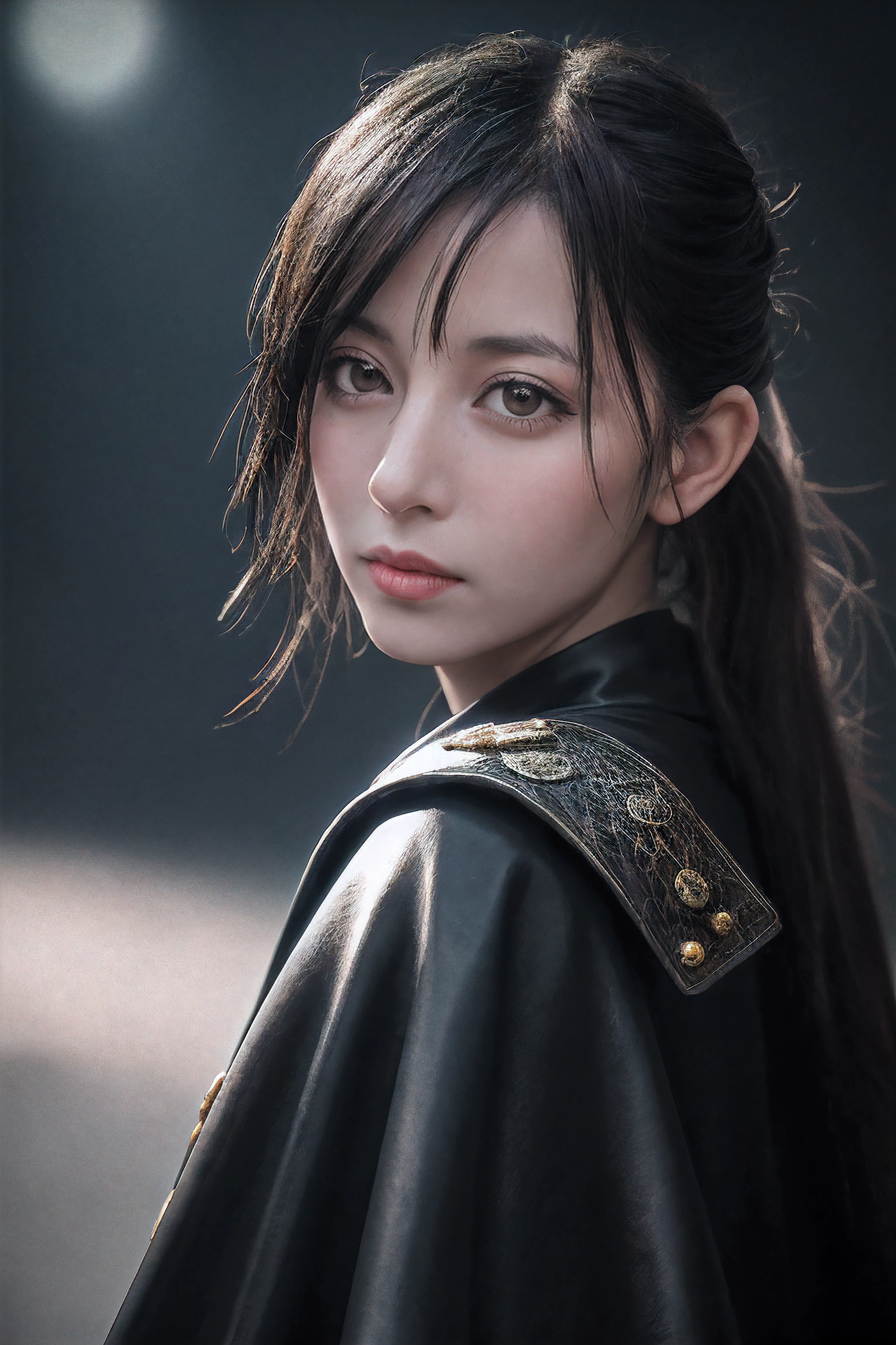 Raw, cinematic shot, (sharp focus:1.5), China,Dark Big Oriental eyes,Black long hair gathered in a Chinese ponytail,Dressed in a black leather cloak, with metal shoulder pads,scatters star rays,fantasy ,Blend of black gold,colorful Pattern, Dragon Pattern Road, prince, palace,Lightning effect,arms behind back,