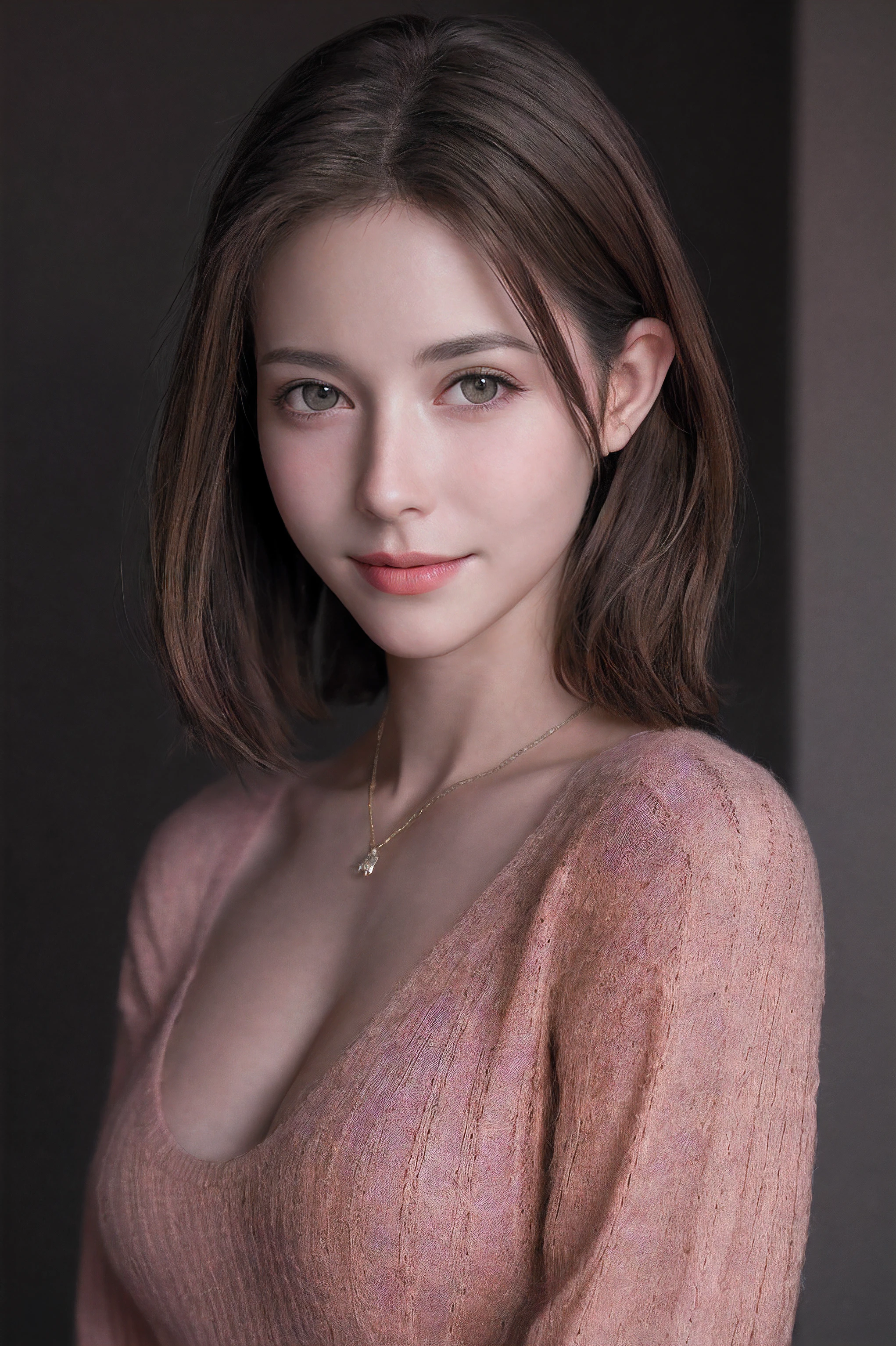 Raw, cinematic shot, (sharp focus:1.5), (photorealistic:1.2), twilight lighting, volumetric lighting,1girl, Slim Beauty: 1.4, Abs: 1.1, (Brown hair, Medium breasts: 1.3), Long pink sweater: 1.1, Bathroom, Super fine face, Delicate eyes, Double eyelids, smile, necklace