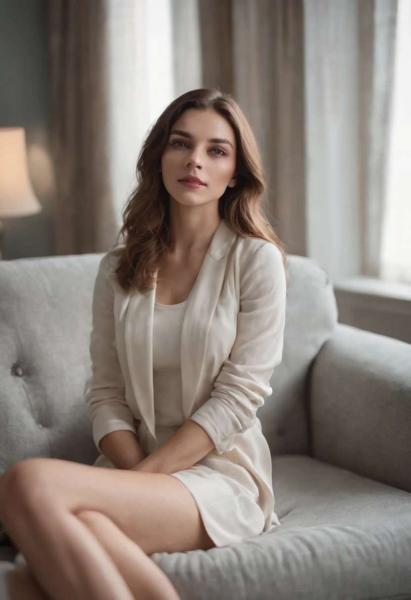 1fille,sitting on a comfortable sofa,crossing legs,Soft Light