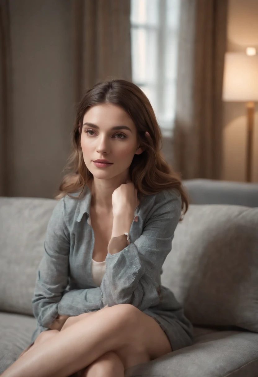 1fille,sitting on a comfortable sofa,crossing legs,Soft Light