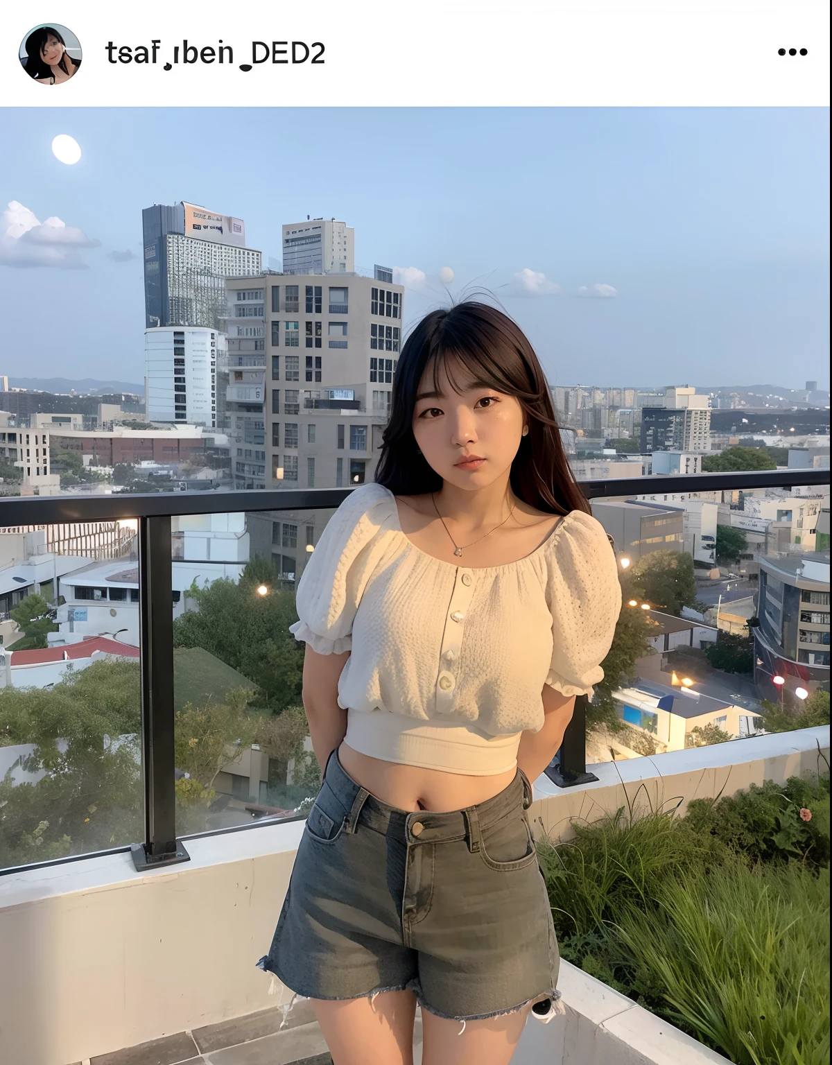 arafed woman standing on a balcony with a city view, bae suzy, With sunset, Korean girl, A young Asian woman, with the city as the background, chiho, dang my linh, mai anh tran, jaeyeon nam, with earth in the background, Profile image, with short hair, With bangs, lofi-girl, personal profile picture