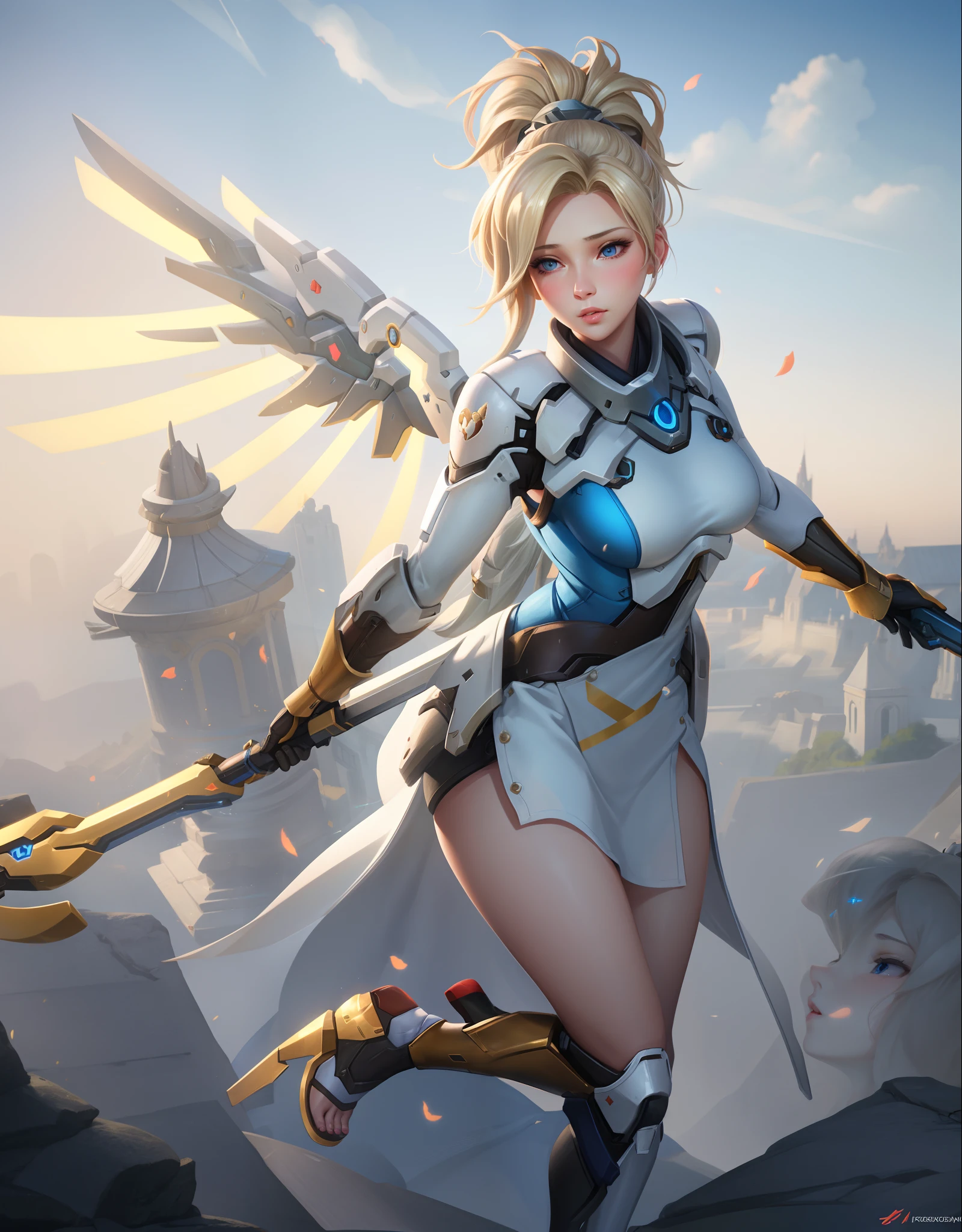 realistic, 1girl, sexually suggestive pose, blonde hair, high ponytail, blue eyes, glowing eyes, parted lips, blush, robes, heeled sandals, holding staff, night, goddess, mercy from overwatch goddess skin