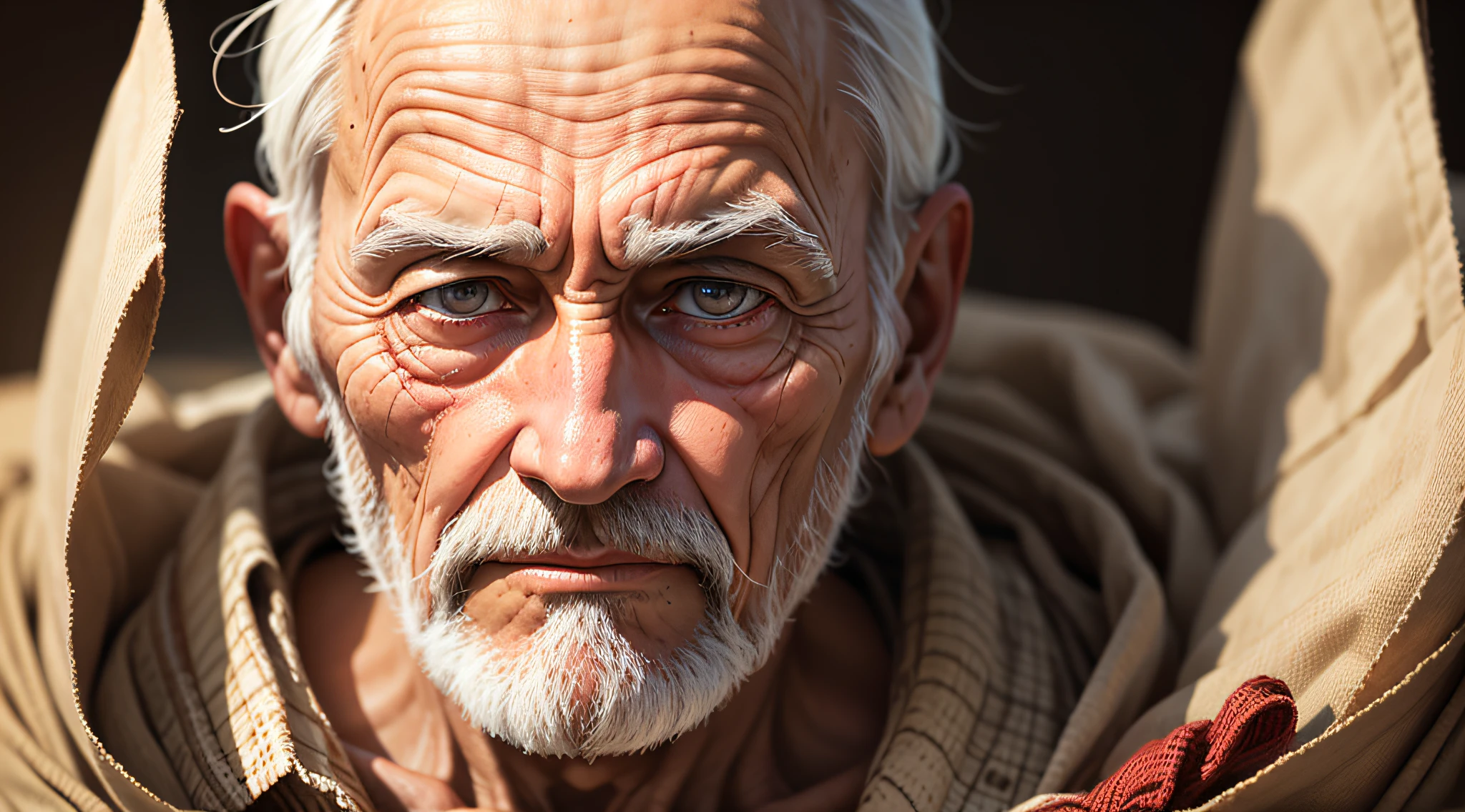 Face of an old man with traces of a bundle of fabric.