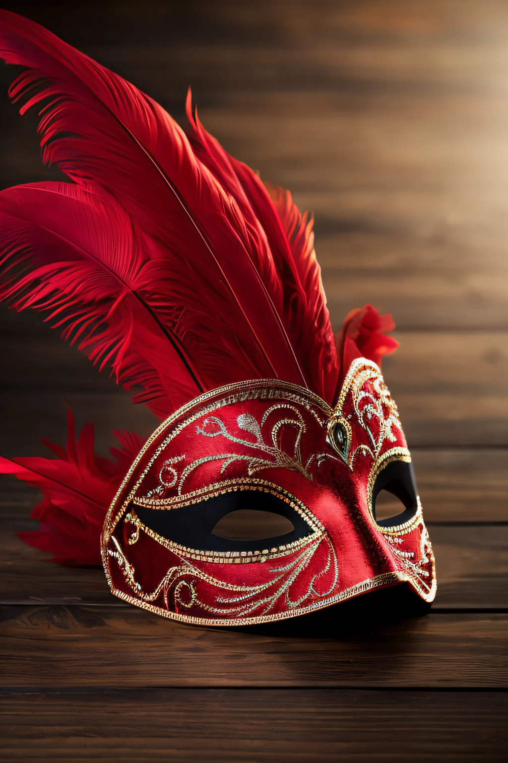 an elegant red masquerade mask sitting alone on a dark table. featuring feminine characteristics and feathers. hyper realistic. 4k details.