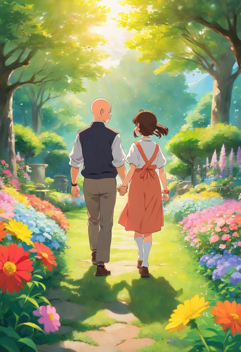 (a strong, bald man),(a little sister with brown hair),(holding hands),(outdoors),(bright sunlight),(lovely garden),(colorful flowers),(lush green grass),(happy expressions),(warm family bond),(traditional oil painting),(ultra-detailed),(highres),(realistic),(vibrant colors),(soft brushstrokes),(warm color palette),(natural lighting)