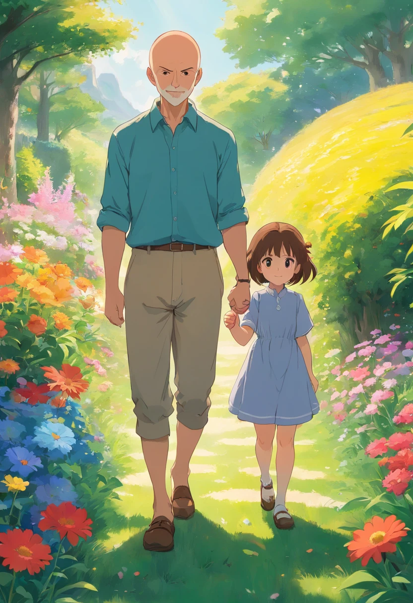 (a strong, bald man),(a  sister with brown hair),(holding hands),(outdoors),(bright sunlight),(lovely garden),(colorful flowers),(lush green grass),(happy expressions),(warm family bond),(traditional oil painting),(ultra-detailed),(highres),(realistic),(vibrant colors),(soft brushstrokes),(warm color palette),(natural lighting)