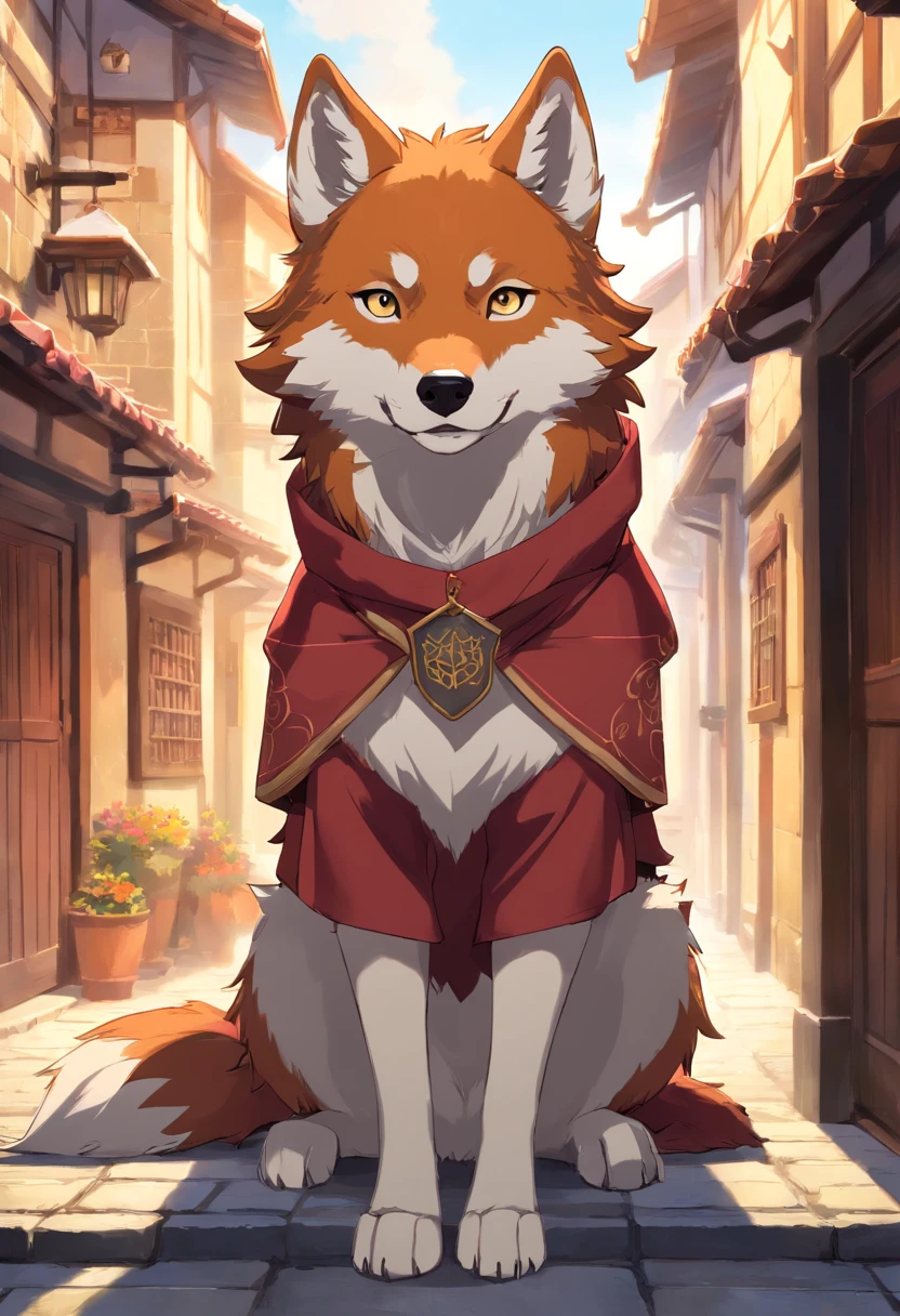 Por favor, create an image of a charismatic and friendly wolf mascot in the world of Game of Thrones. Este mascote lobo deve ser encantador e cativante, with traits that make him a sympathetic figure to the public. Dress him up with accessories reminiscent of the Game of Thrones universe, como um colar ou um estandarte de uma das grandes casas. Place this wolf pet in a setting that captures the essence of the world of Westeros, with elements that refer to the iconic locations of the series, como King's Landing ou Winterfell. The image should convey the friendly personality of the wolf mascot while paying homage to the Game of Thrones universe.