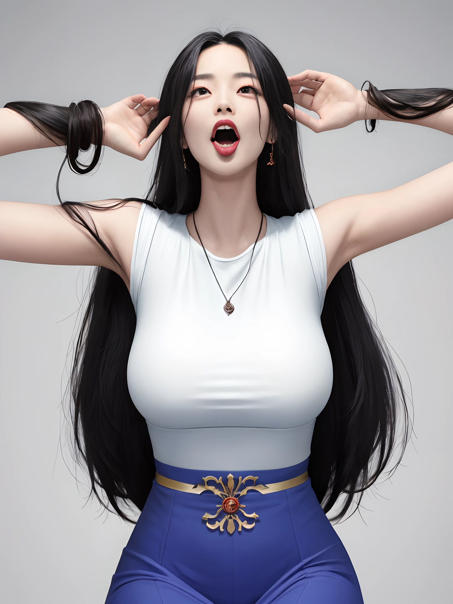 tmasterpiece， Best quality at best， 1girll， 独奏， teardrop， Be red in the face， dreads， scream， and the tongue sticks out， laughingly， with her mouth open， roll eyes， head looking up， full bodyesbian， Armpits， Arms up， （Torso grab， Tickle， mitts， Intangible limbs：1.2）， TKL