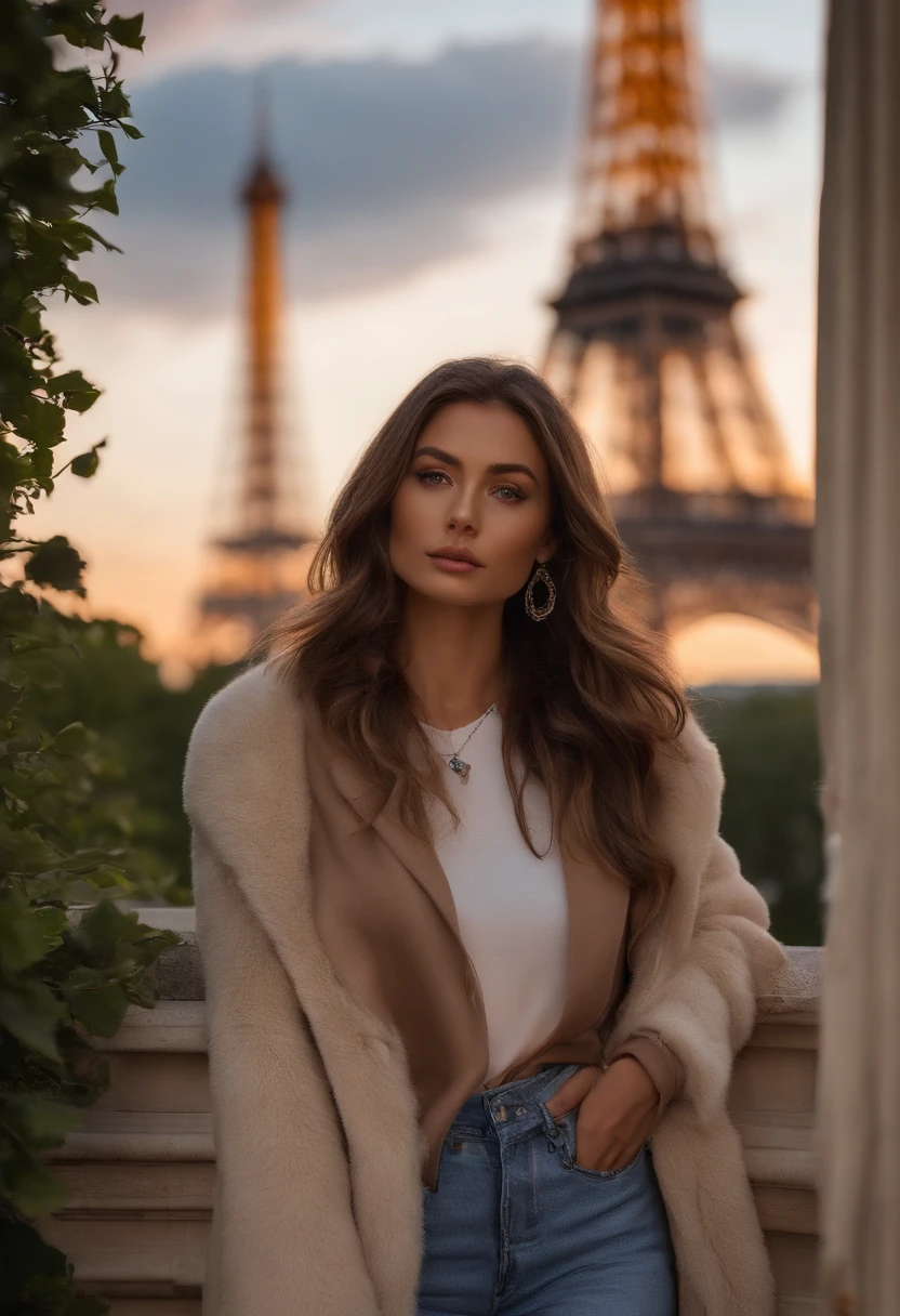 Completely attractive woman visible topless,  Devant la Tour Eiffel, avec un manteau de fourrure, fille sexy aux yeux bruns, ultra realist, Meticulously detailed, Portrait Sophie Mudd, cheveux bruns et grands yeux, selfie of a young woman, Yeux de chambre, Violet Myers, sans maquillage, maquillage naturel, looking straight at camera, Visage avec Artgram, Maquillage subtil, Great photo of the whole body kneeling on the bed, dans la chambre, Bust medium to tall sexy girl with brown eyes, gros seins visibles
