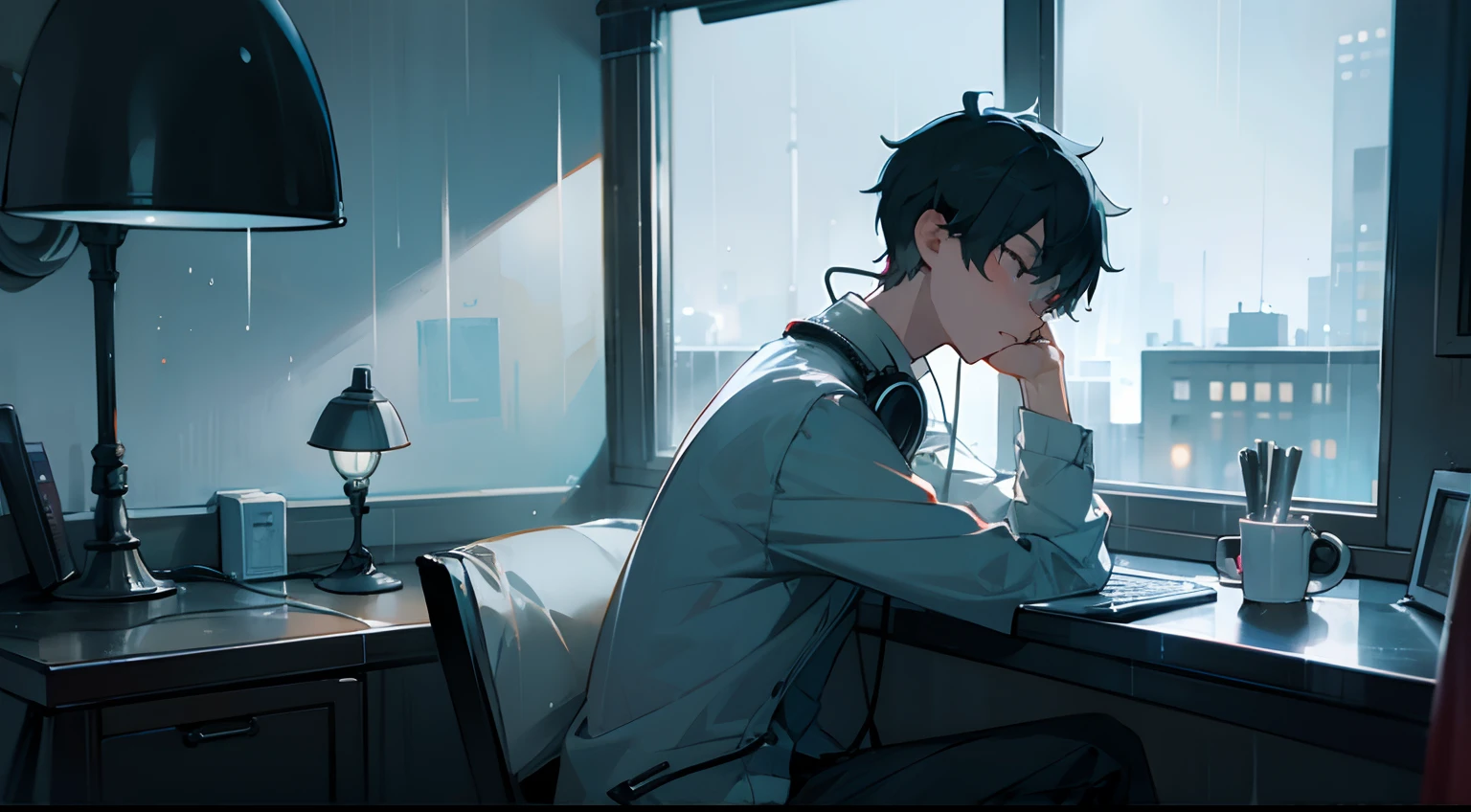1boy, chill, studying, night, rain, cozy, headphones, window, nightcity, lamp