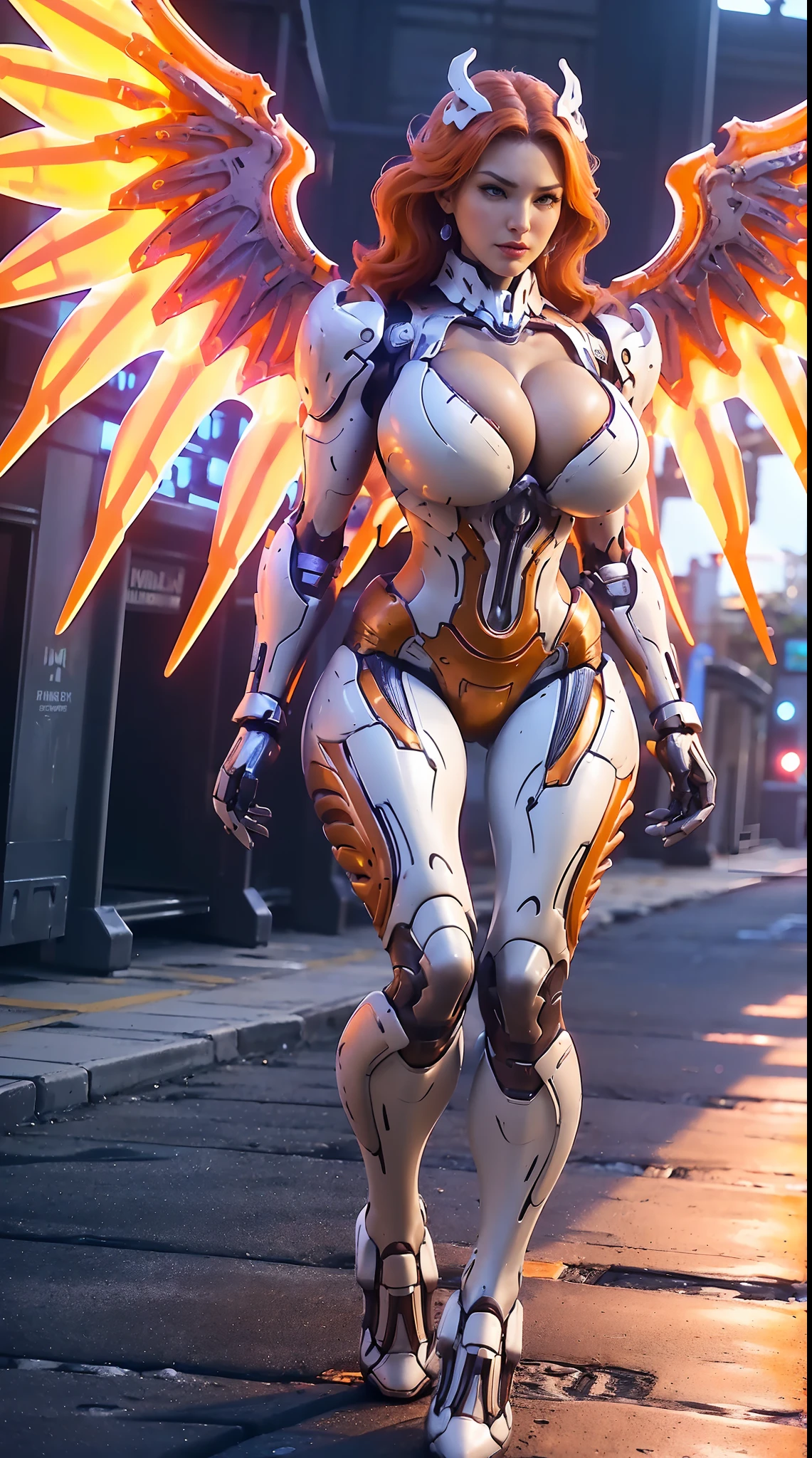 (PHOENIX HEAD), HUGE FAKE BOOBS, (BEAUTIFUL FACE), (ORANGE, WHITE, PURPLE), (((A PAIR OF HUGE MECHANICAL WINGS SPREAD OUT))), FUTURISTIC PHOENIX MECHA SUIT, (CLEAVAGE), (SKINTIGHT YOGA PANTS), (HIGH HEELS), (PERFECT BODY:1.2), (FULL BODY VIEW), FRONT, (WALKING DOWN:1), SEXY MUSCULAR BODY, MUSCLE ABS, UHD, 8K, 1080P.