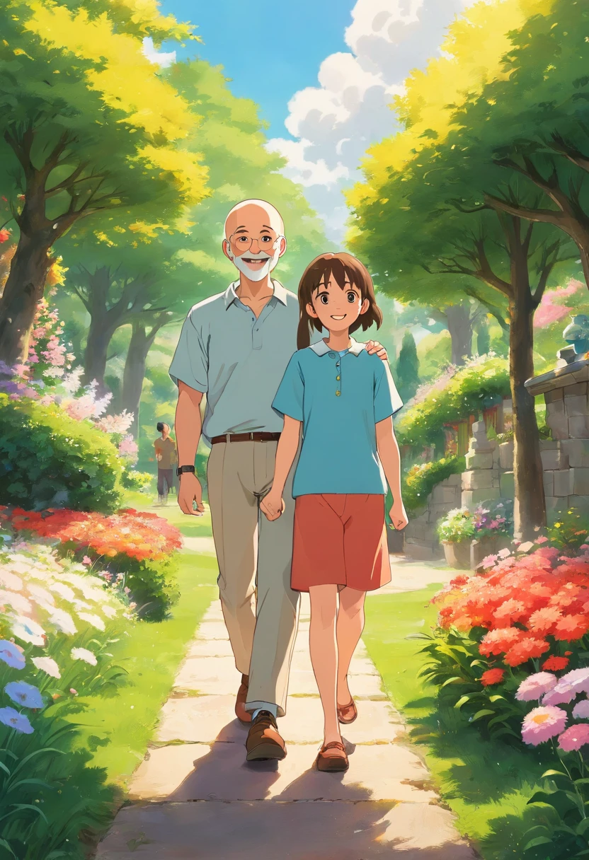 A bald 30-year-old young man walking, holding his 10-year-old little sister's hand, both characters smiling. Illustration, high image quality, realistic style, vibrant colors, natural lighting, detailed facial features, joyful expressions, outdoor scene with a garden in the background, grass, trees, and flowers. (best quality, ultra-detailed), (realistic:1.37), (portrait), (colorful), (natural lighting), (detailed facial features), (happy expressions), (outdoor scene), (garden), (grass), (trees), (flowers).