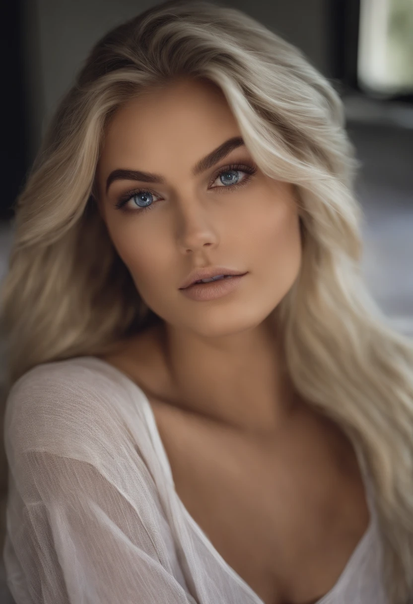 Arafed woman completely , fille sexy aux yeux bleus, ultra realist, Meticulously detailed, Portrait kaylie jenner, cheveux blonds et grands yeux, selfie of a young woman, Yeux de chambre, Violet Myers, sans maquillage, maquillage naturel, looking straight at camera, Visage avec Artgram, Maquillage subtil, Superbe photo du visage , dans la chambre, Medium to large bust; ; ;Tout de suite