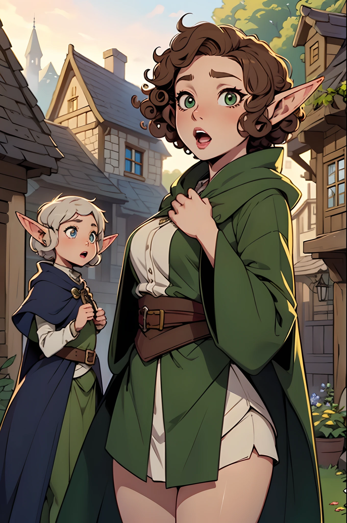 Solo, female, 1girl, (((elf, elf ears))), hazel eyes, (((curly hair, short hair, short girl, shortstack))), open mouth, lipstick, wide eyes, (((surprised expression))), fantasy village, cloak
