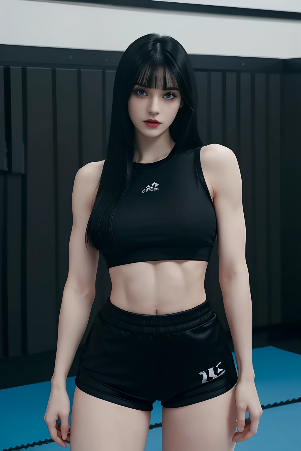 Goth girl, Pale skin Girl, black long hair with bangs, short black gym top, short black skin tight gym shorts, thin waist, thick thighs, big breasts, six-pack abs, toned legs, biceps, thick lips, Blue eyes, full body
