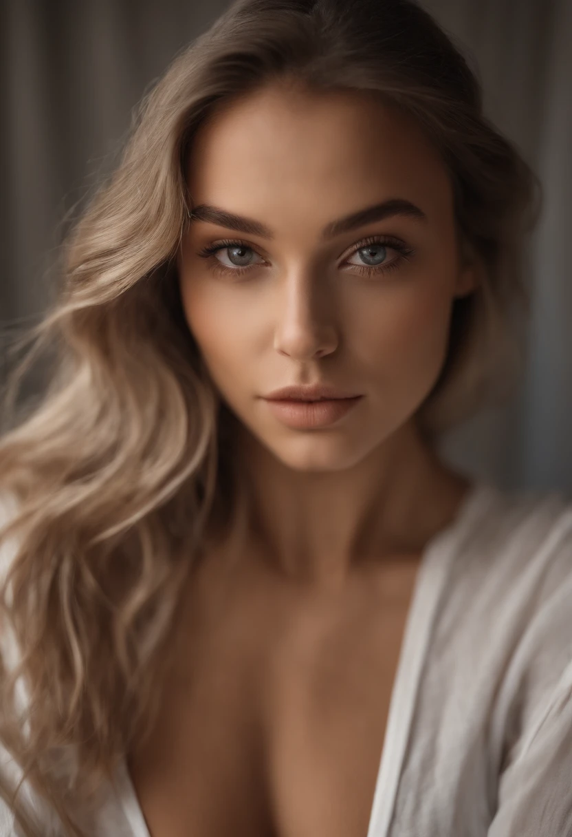 Arafed woman with exposed breasts, fille sexy aux yeux bruns, Portrait Sophie Mudd, cheveux bruns et grands yeux, selfie of a young woman, Yeux de chambre, rouge Myers, sans maquillage, naturel, looking straight at camera, Visage avec Artgram, Maquillage subtil, Superbe photo du corps entier, dans la chambre, topless, sans maquillage, sortie du lit, Sensuel, sexy , nues, visage pur