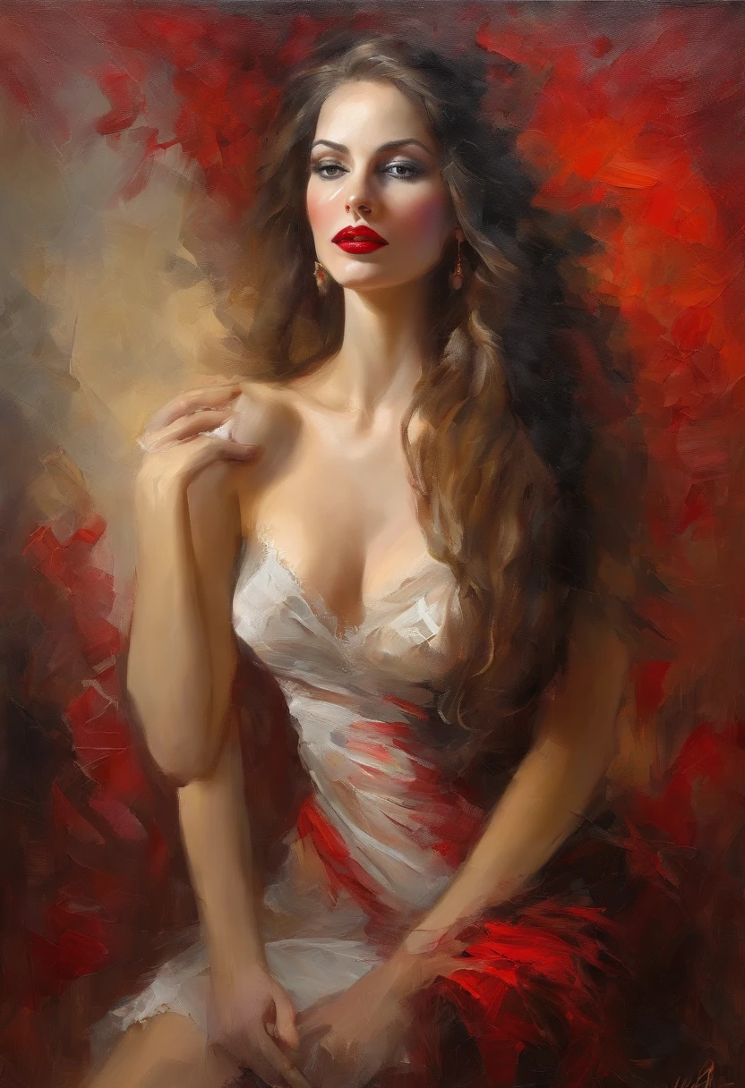 beautiful woman, seductive gaze, alluring red lips, silky lingerie, dimly lit room, sensual atmosphere, intimate setting, long flowing hair, delicate lace details, suggestive poses, artistic expression, erotic fantasies, provocative lighting, sensuous curves, elegant sensuality, captivating beauty, desire and passion, intoxicating allure, breathtaking intimacy