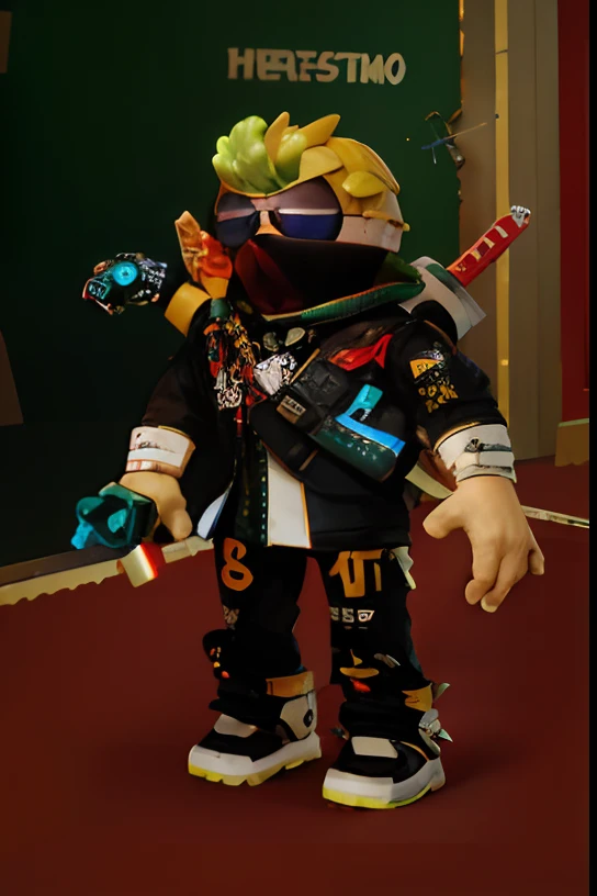 There is a cartoon character with a bunch of objects in his hands, Avatar de Roblox, mechanic punk outfit, in the style of sifu 🔥 😎 🕹️ 👀 :2, Usando un pescador 🧥, Llevar un atuendo punk, Vestido con ropa crustpunk, Roblox captura de pantalla, Conjunto punk, cuerpo completo!! Detalles maximalistas, Avatar de la parte superior del cuerpo, Masterpice