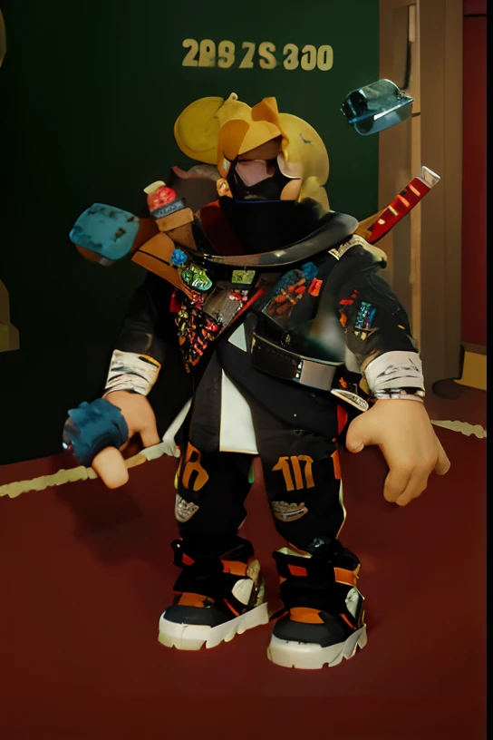There is a cartoon character with a bunch of objects in his hands, Avatar de Roblox, mechanic punk outfit, in the style of sifu 🔥 😎 🕹️ 👀 :2, Usando un pescador 🧥, Llevar un atuendo punk, Vestido con ropa crustpunk, Roblox captura de pantalla, Conjunto punk, cuerpo completo!! Detalles maximalistas, Avatar de la parte superior del cuerpo, Masterpice