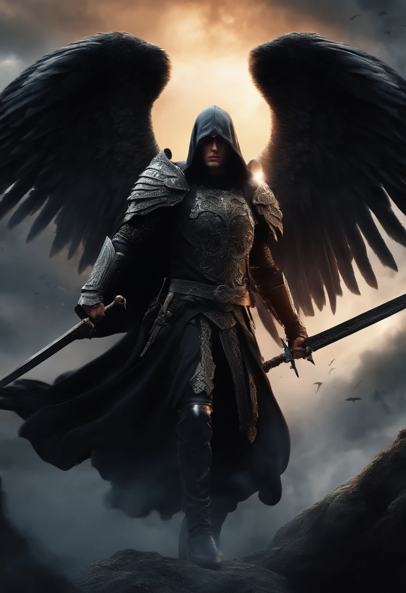 Realistic, 4K, Angels with big wings, Black clothes, one sword, Head hood in war background image (chaos)