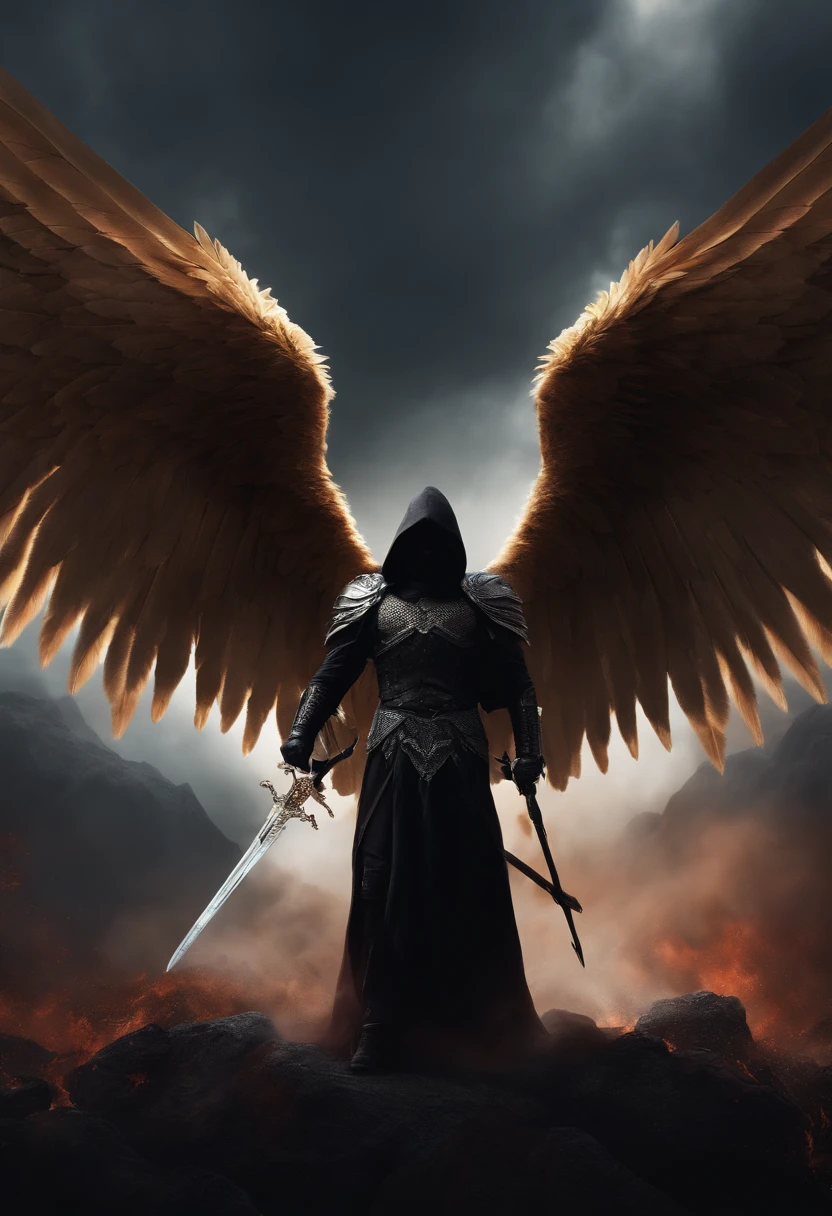 Realistic, 4K, Angels with big wings, Black clothes, one sword, Head hood in war background image (chaos)