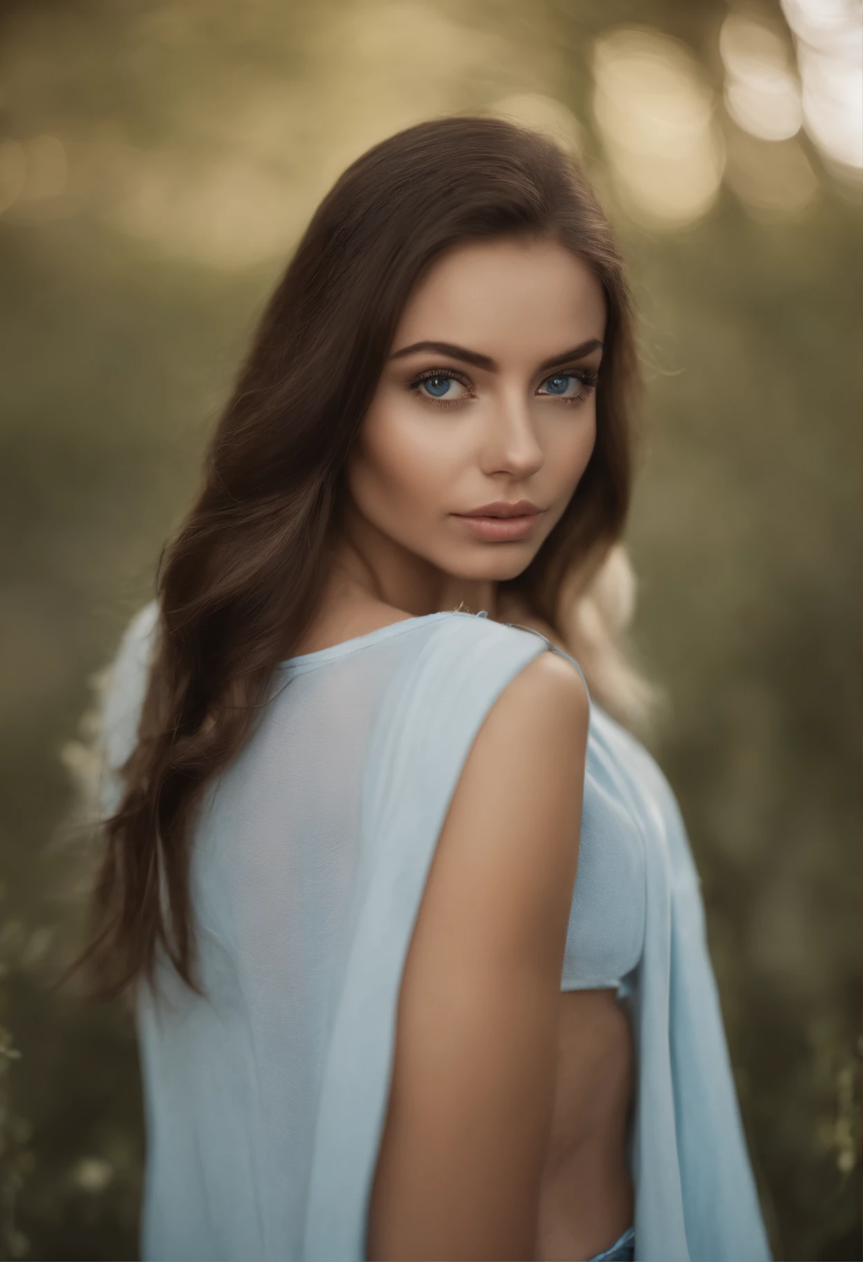 arafed woman with no top and panties, sexy girl with blue eyes, portrait sophie mudd, brown hair and large eyes, selfie of a young woman, bedroom eyes, violet myers, without makeup, natural makeup, looking directly at the camera, face with artgram, subtle makeup, stunning full body shot, cleavage, in a field of bluebells