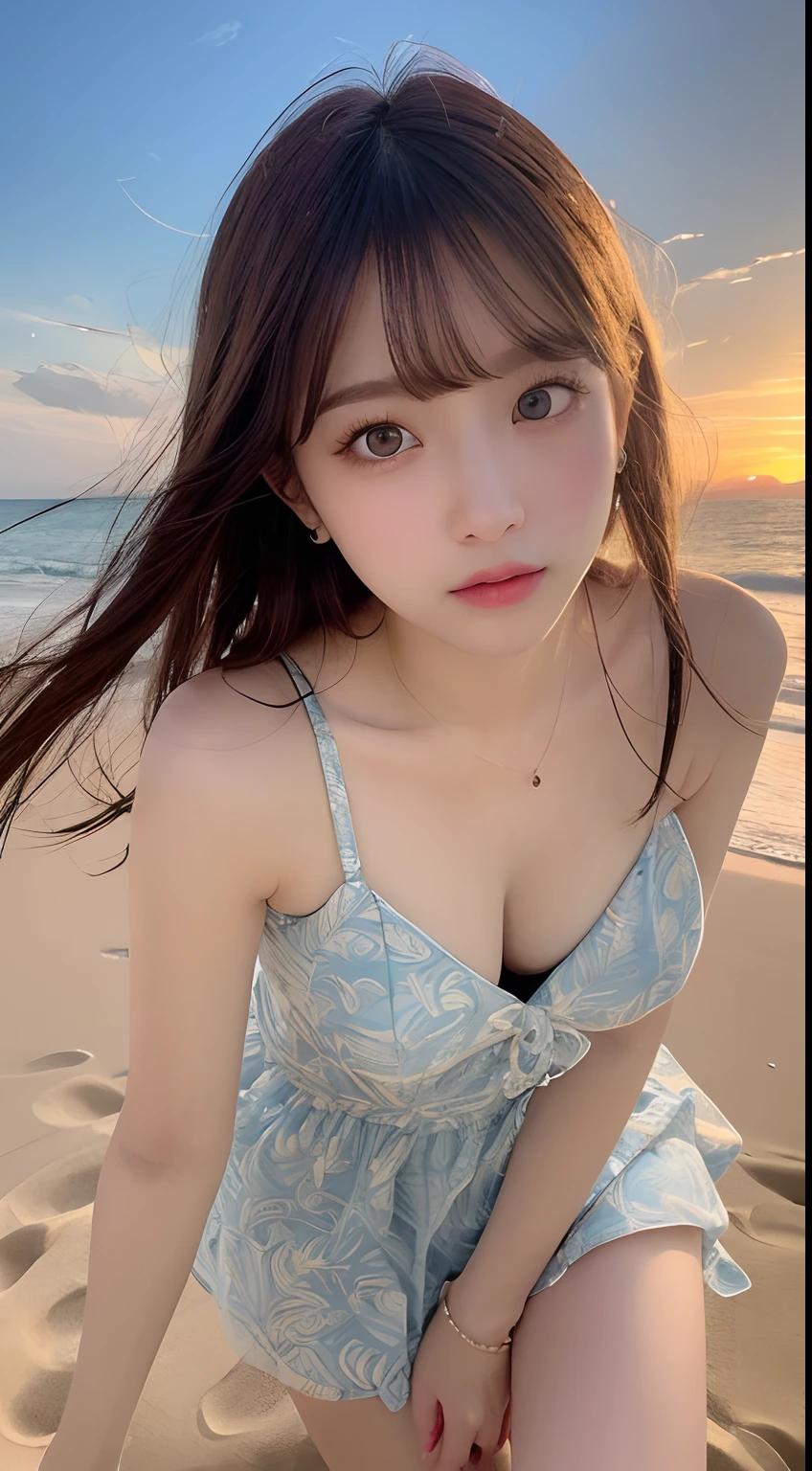 masutepiece, Best Quality, Illustration, Ultra-detailed, finely detail, hight resolution, 8K Wallpaper, Perfect dynamic composition, Beautiful detailed eyes, Wear a dress, Natural Color Lip,Beach, Random and cute poses, flowing bangs, Sunset,small tits,beauty legs,KPOP Idol Face,Perfect and beautiful face,Cute