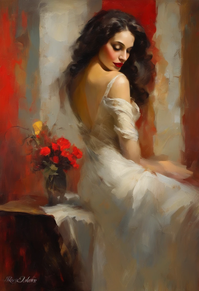 beautiful woman, seductive gaze, alluring red lips, silky lingerie, dimly lit room, sensual atmosphere, intimate setting, long flowing hair, delicate lace details, suggestive poses, artistic expression, erotic fantasies, provocative lighting, sensuous curves, elegant sensuality, captivating beauty, desire and passion, intoxicating allure, breathtaking intimacy, malcolm liepke painting style, oil painting, brushstrokes