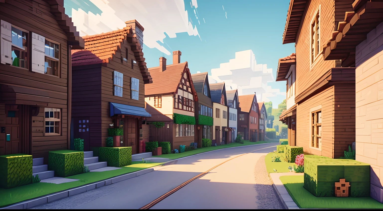 village street, 3d pixar style, strong and vibrant colors, minecraft style.