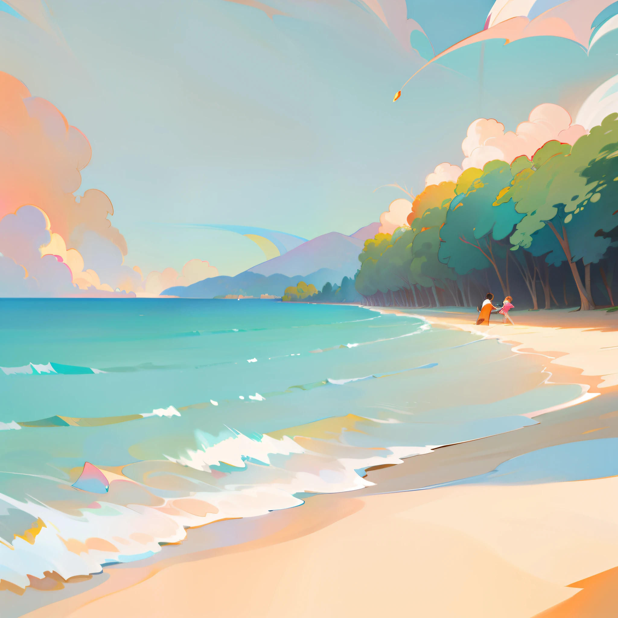 (best quality,ultra-detalhado,Realistic:1.37),textura em aquarela,estilo aquarela,praia, Deletado,Pinceladas suaves,tons frescos de azul,An explosion of orange and pink tones,Light and shadows dancing on the water,cena animada