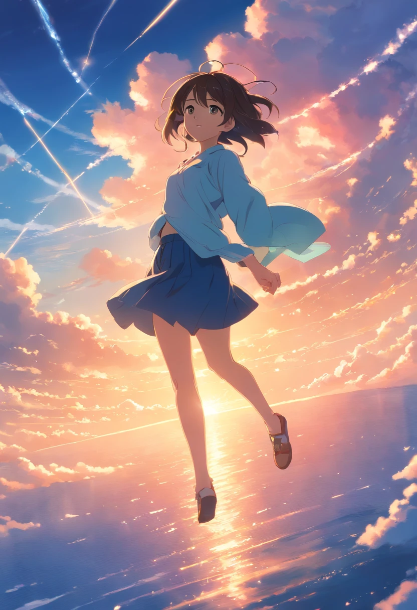 masterpiece, best quality, movie still, 1girl, cloud girl, floating in the sky, close-up, bright, happy, warm soft lighting, sunset, (sparks:0.7)
