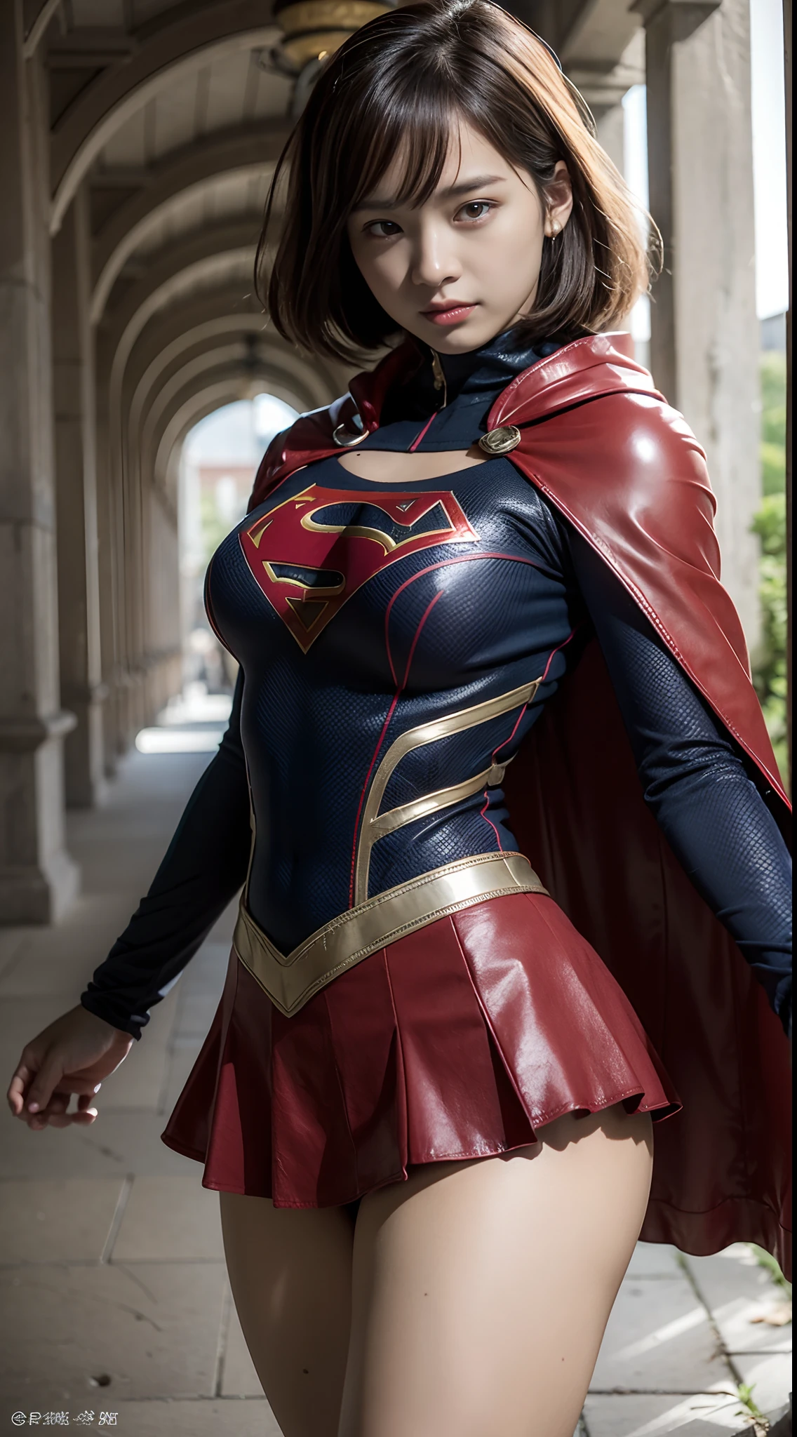 (Photorealistic:1.37), Realistic, Highest Quality, masutepiece, 超A high resolution, fine-textured, 8K, Raw photo, Hyper Detailed, BREAK, Solo, (Dynamic Poses),  She wears a Supergirl costume dress, Full costume dress with S mark on chest, Red short skirt, Long Red Cloak, Dignified and beautiful face, Light brown short hair, Beautiful body like a supple athlete, Large breasts, Big hips, Very sparkly oily skin, In the ruins, BREAK, Highly detailed beautiful eyes and face, Detailed fabric texture, Insanely detailed realistic beautiful skin texture, (Correct body balance), Top-quality lighting that doesn't darken your face when backlit