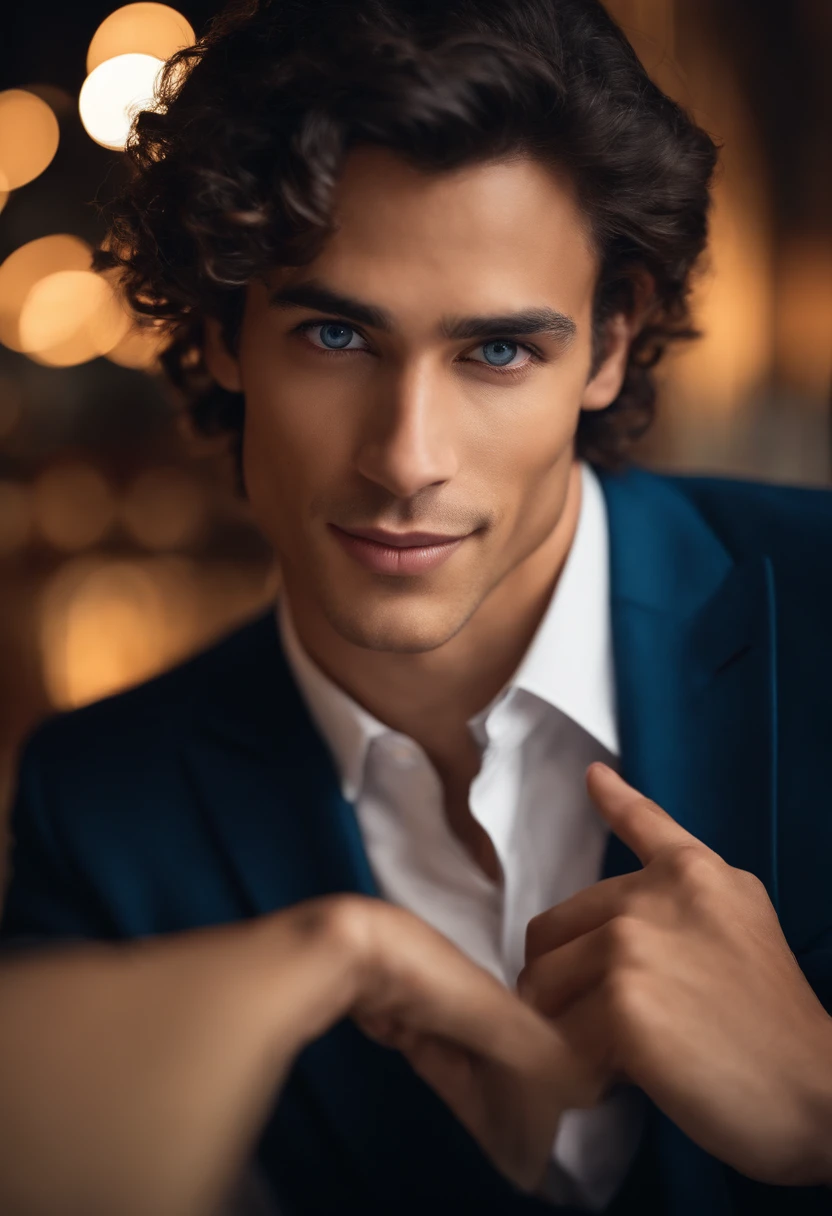 mixed race young man,beautiful detailed blue eyes,dark hair,dark suit,confident expression,sharp jawline,vibrant skin,smiling,handsome face,standing pose,city backdrop,professional studio lighting,realistic,photorealistic:1.37,portraits,vivid colors,cool tone,soft lighting