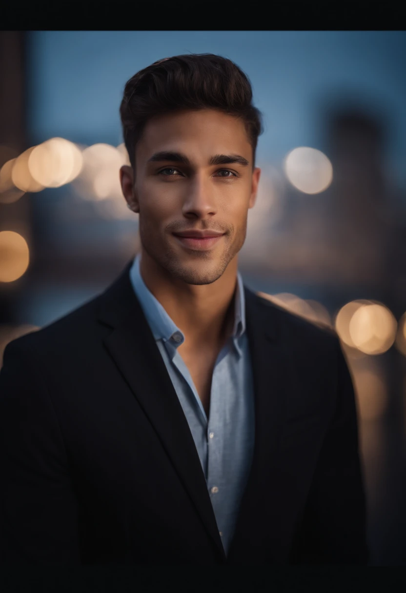 mixed race young man,beautiful detailed blue eyes,dark hair,dark suit,confident expression,sharp jawline,vibrant skin,smiling,handsome face,standing pose,city backdrop,professional studio lighting,realistic,photorealistic:1.37,portraits,vivid colors,cool tone,soft lighting