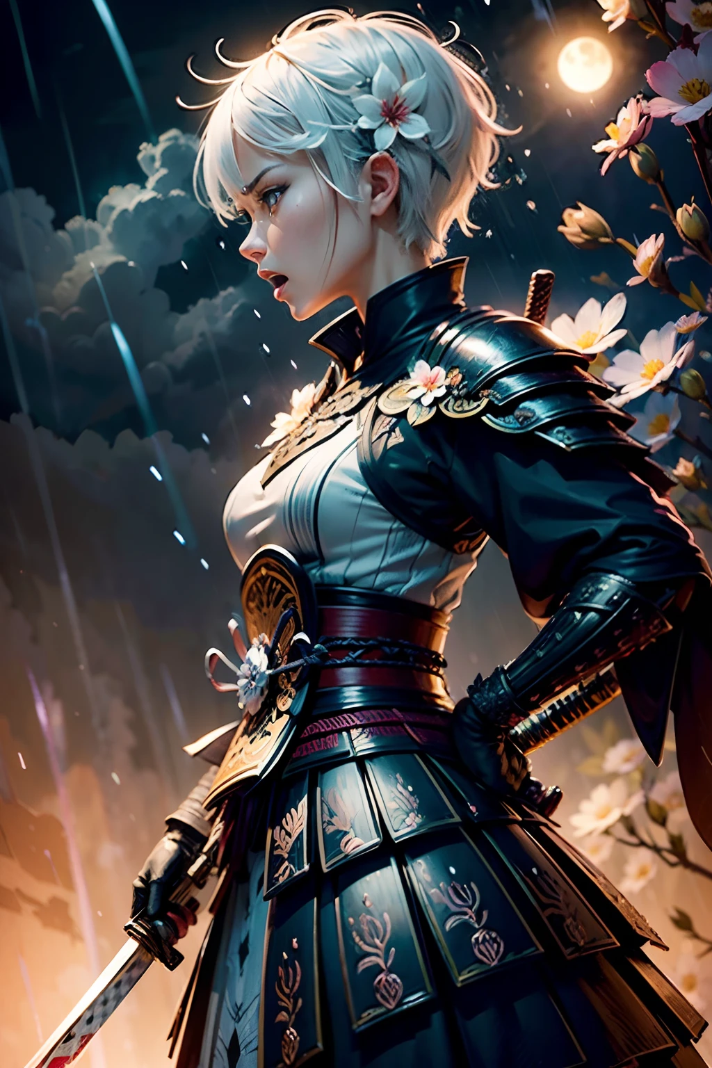 intricate detailed samurai, 1 girl is slim round small face, white platinum hair, short hair, samurai full armor, (cowboy shot:1.2), shrieking, profile, screaming, pain, grab tightly a katana, intimidation and anger, acrobatic pose, sadness, misfortune, tragedy, rage, passion, surging aura, hyper real, ultra real, (flower rain storm background intricate detail:1.4), technical style, (fine minute details texture:1.3), (alcohol ink of top quality:1.3), beautiful detailed glow, all capture detail glow, flash lighting, cherry blossom full moon,