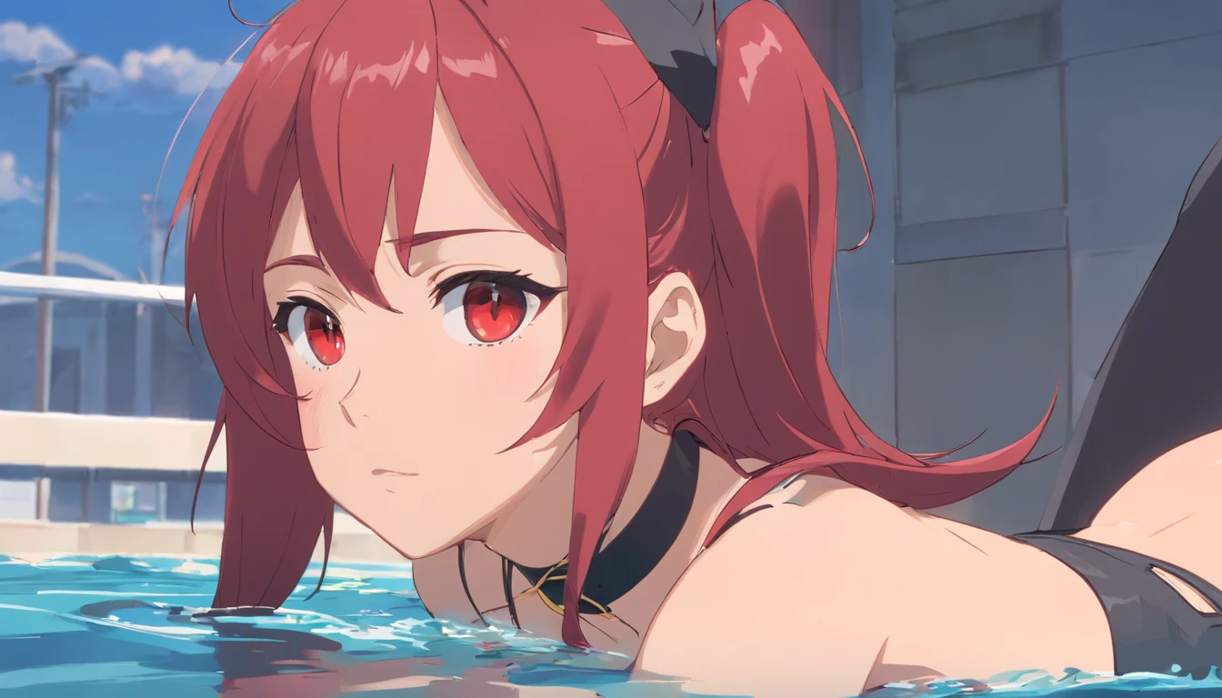 woman, solo, head rest, dutch angle, simple background, blush, black swimsuit, long red hair, pointy ears, amber eyes, choker