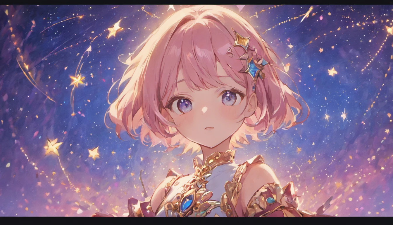 classical composition, Antropomorfismo da gato cor-de-rosa，presa，night sky background，lua brilhante，Trajes lindos de couro，Detalhes pupilares，symmetrical pupils，Aluno em destaque，linhas claras，Shooting Stars Cross Night Sky Kawaii Realistic Portrait, Guweiz, portrait of magical young girl, personagem bonito, Belo estilo de arte, Arte do Personagem Fantastic Story, Retrato bonito, Retrato bonito da mulher, Unrealistic art