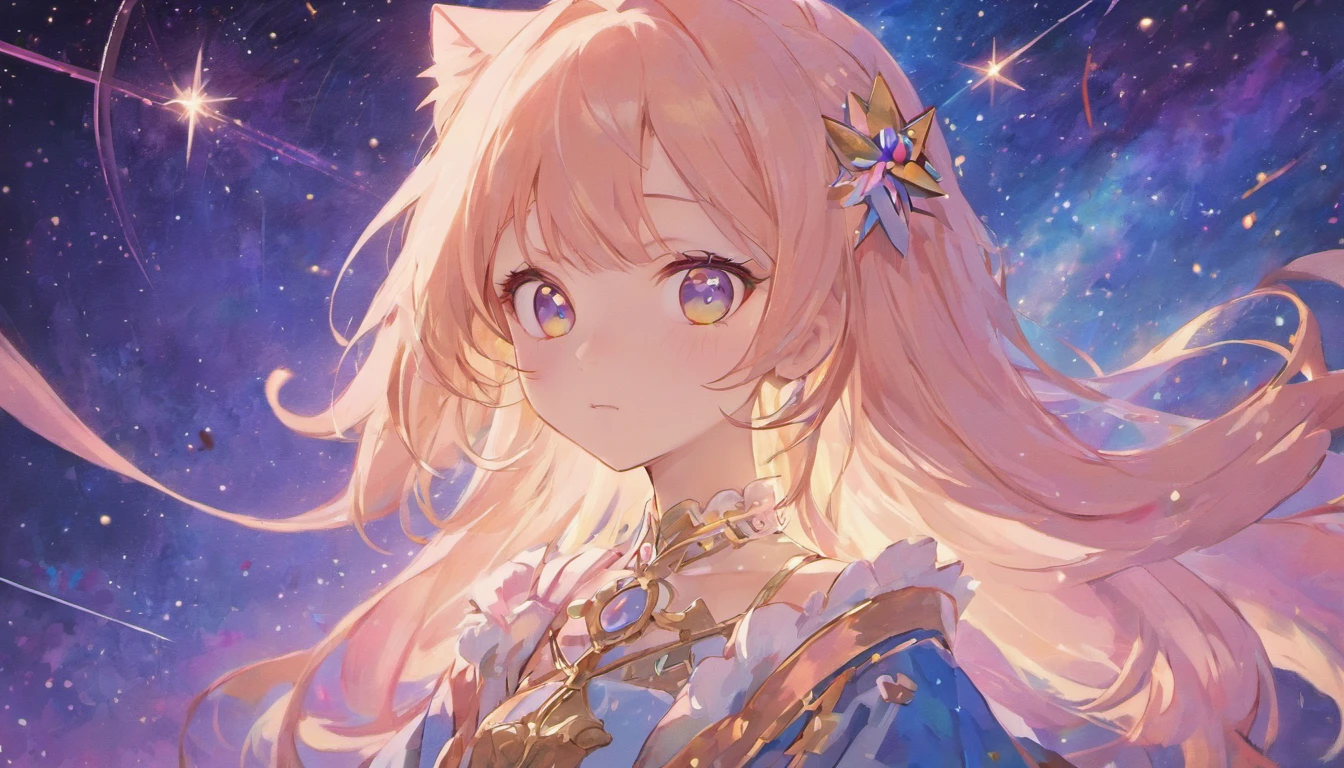 classical composition, Antropomorfismo da gato cor-de-rosa,presa,night sky background,lua brilhante,Trajes lindos de couro,Detalhes pupilares,symmetrical pupils,Aluno em destaque,linhas claras,Shooting Stars Cross Night Sky Kawaii Realistic Portrait, Guweiz, portrait of magical young girl, personagem bonito, Belo estilo de arte, Arte do Personagem Fantastic Story, Retrato bonito, Retrato bonito da mulher, Unrealistic art