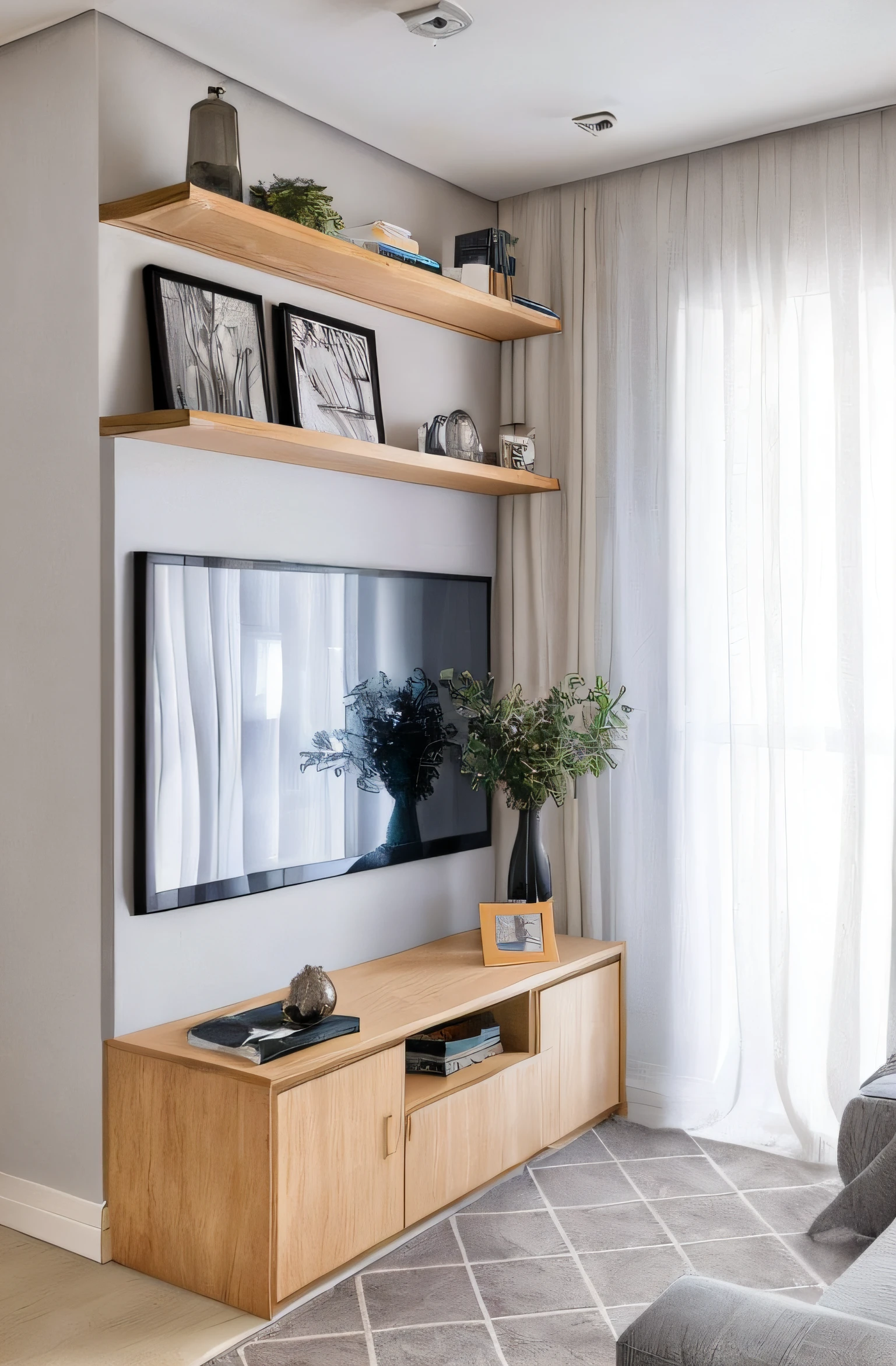 an ultra realistic photograph of a narrow room with curtains, sofa, TV and a high shelf with some decorative objects