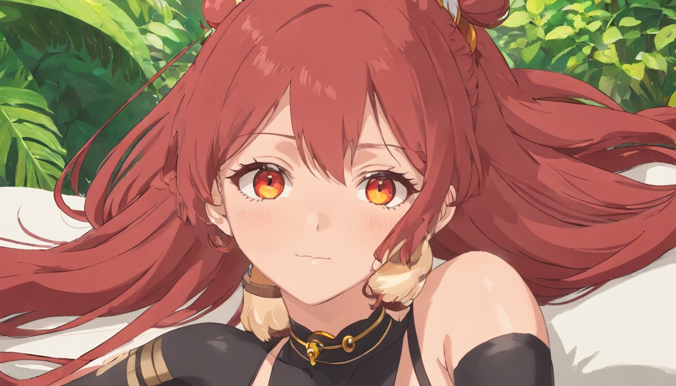 ((masterpiece)), ((best quality)), 1girl, long hair, big bust, very long red hair, ((yellow eyes)), ((dark clothes)), short skirt, exposed skin, ((wolf ears)), luminous clothes, ((night forest)), exterior, stockings, good anatomy, heels, intimidant, on knees, ((beautiful eyes)), coffee exterior background, savage, long nails, close up, ((detailed eyes)), beautiful eyes, hair straight bang, frontal look, detailed lines, high quality, ((extra detailed face))