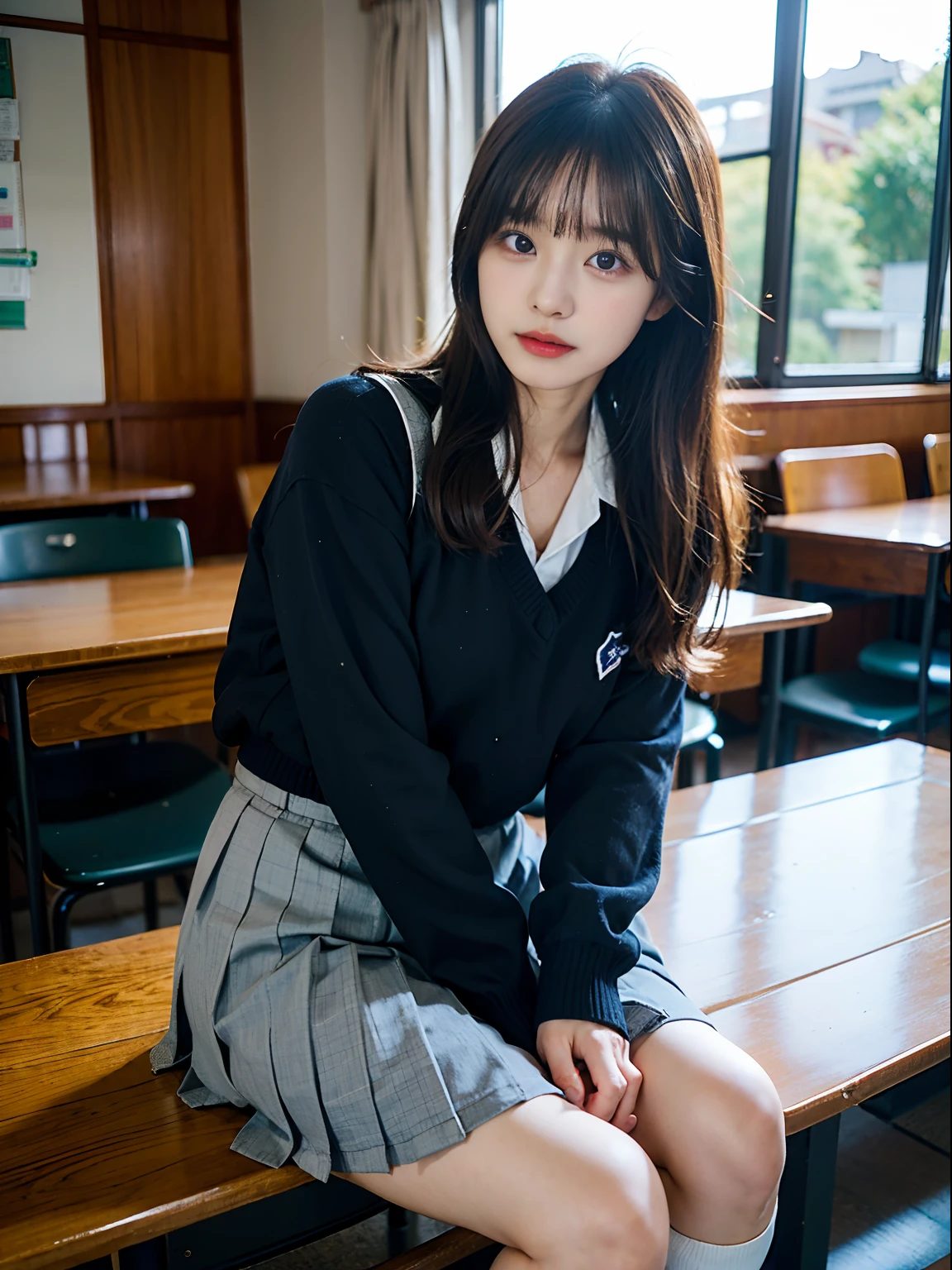 Woman in arafly clothes sitting on chair in school uniform, Korean Girl, jaeyeon nam, captured on canon eos r 6, Sailor Uniform, Cute Schoolgirl, a hyperrealistic schoolgirl, taken with canon 5d mk4, a hyperrealistic schoolgirl, girl wearing school uniform, wearing japanese school uniform, sakimichan, young 17 years old