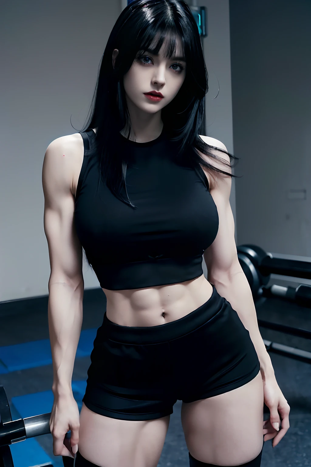 Goth girl, Pale skin Girl, black long hair with bangs, short black gym top, short black skin tight gym shorts, thin waist, thick thighs, big breasts, six-pack abs, toned legs, big biceps, shapely body, muscular biceps, muscular body, muscular shape, thick lips, Blue eyes, full body