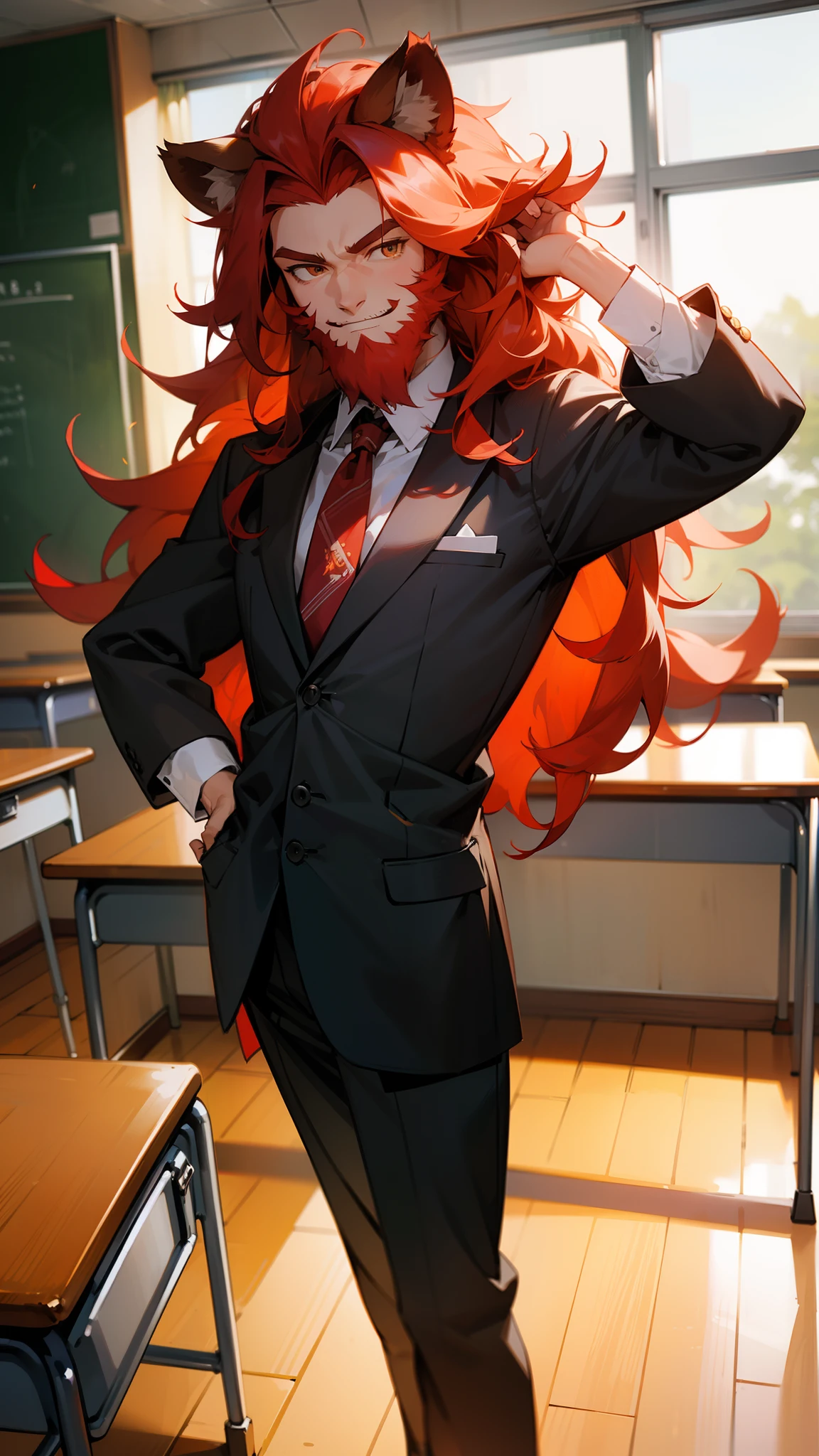 1man,40s,solo,teacher outfit,long hair,lion ears,red hair,beard,happy face,Lion's mane hair,standing in classroom