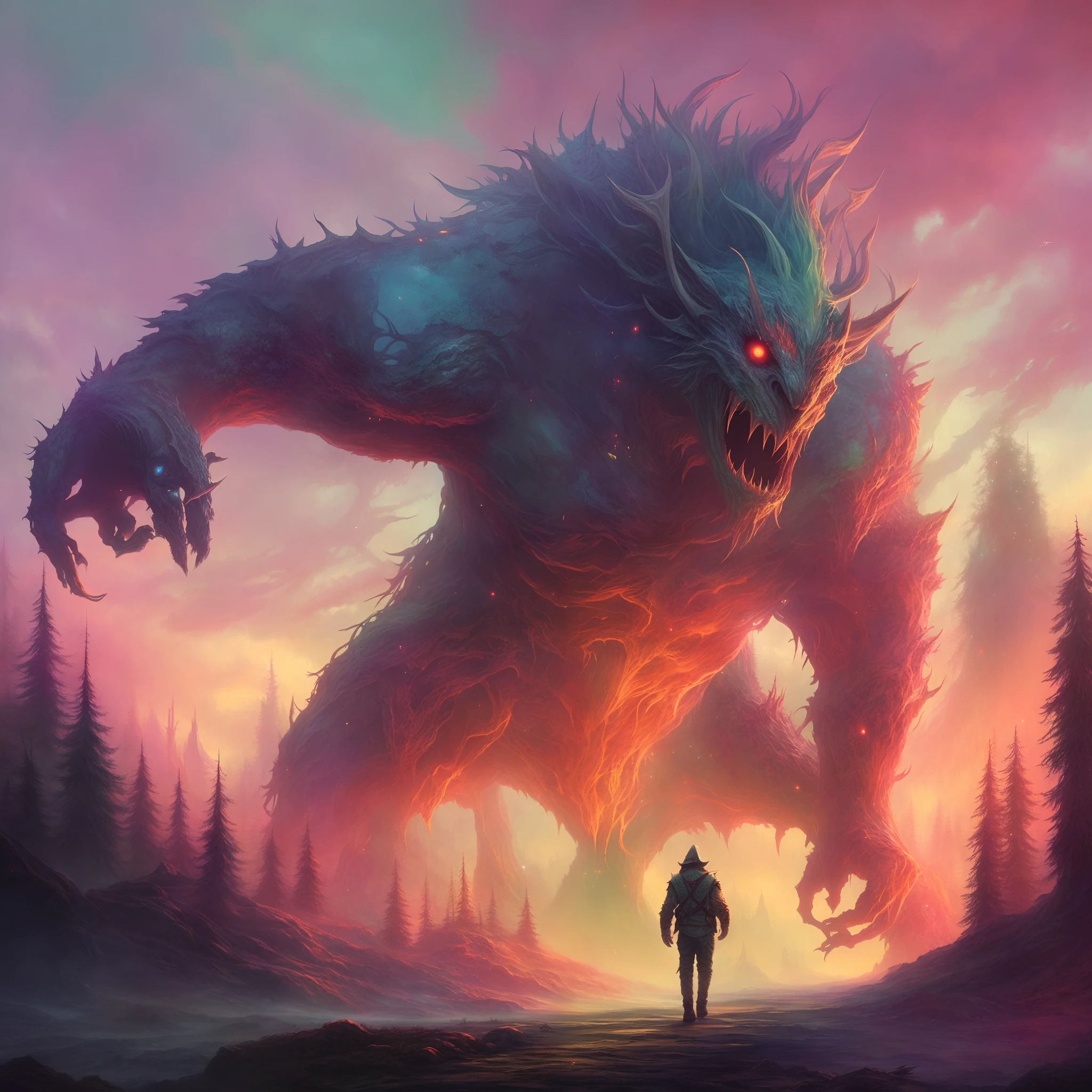 a painting of a man walking towards a giant monster in a forest, giant ethereal creature, epic fantasy painting, symmetrical epic fantasy art, epic fantasy art style, epic full color illustration, dan mumford tom bagshaw, epic fantasy illustration, epic fantasy digital art style, anton fadeev and dan mumford, giant fantasy creatures, a humanoid thistle monster