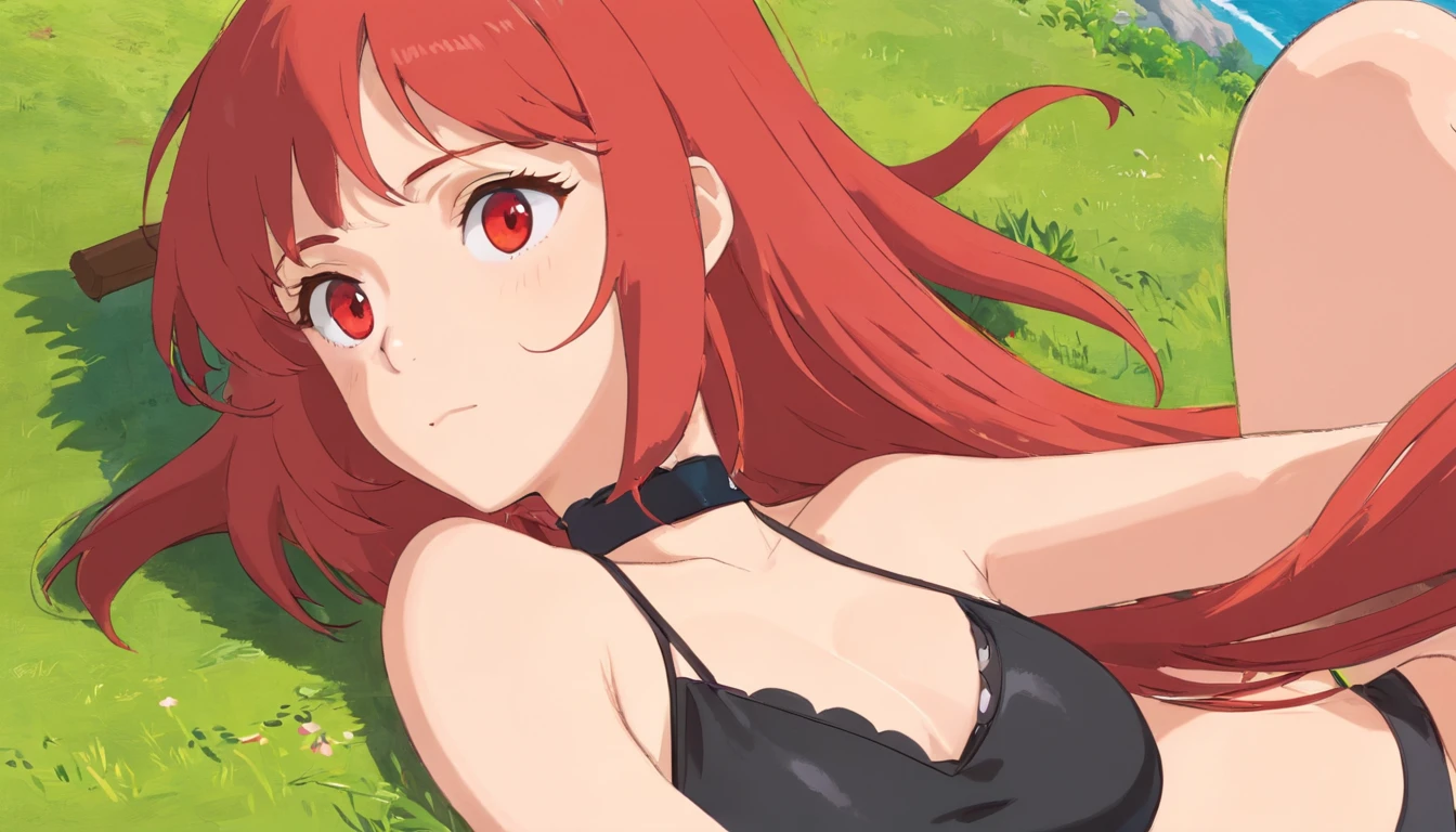 The woman, 独奏, headrest, dutch angle, Simple background, blusher, black swimsuit, Long red hair, amber eyes, Choker