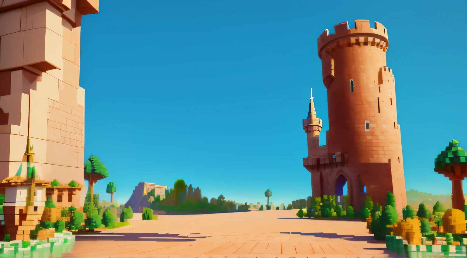 Um close up de uma imagem estilo pixel art de um castelo, arte conceitual estilizada, Arte conceitual da torre medieval gigante, Dentro de seu castelo VR surreal, stylized as a 3d rendering, Ultra Wide Gameplay Captura de tela, arte estilizada, light kingdom backdrop, animation style rendering, arte estilizada do jogo, castelo gigantesco, realismo no estilo de jogo fornite, fundo do castelo