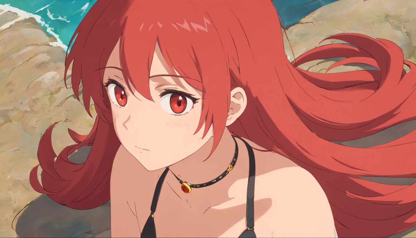 The woman, 独奏, headrest, dutch angle, Simple background, blusher, black swimsuit, Long red hair, amber eyes, Choker